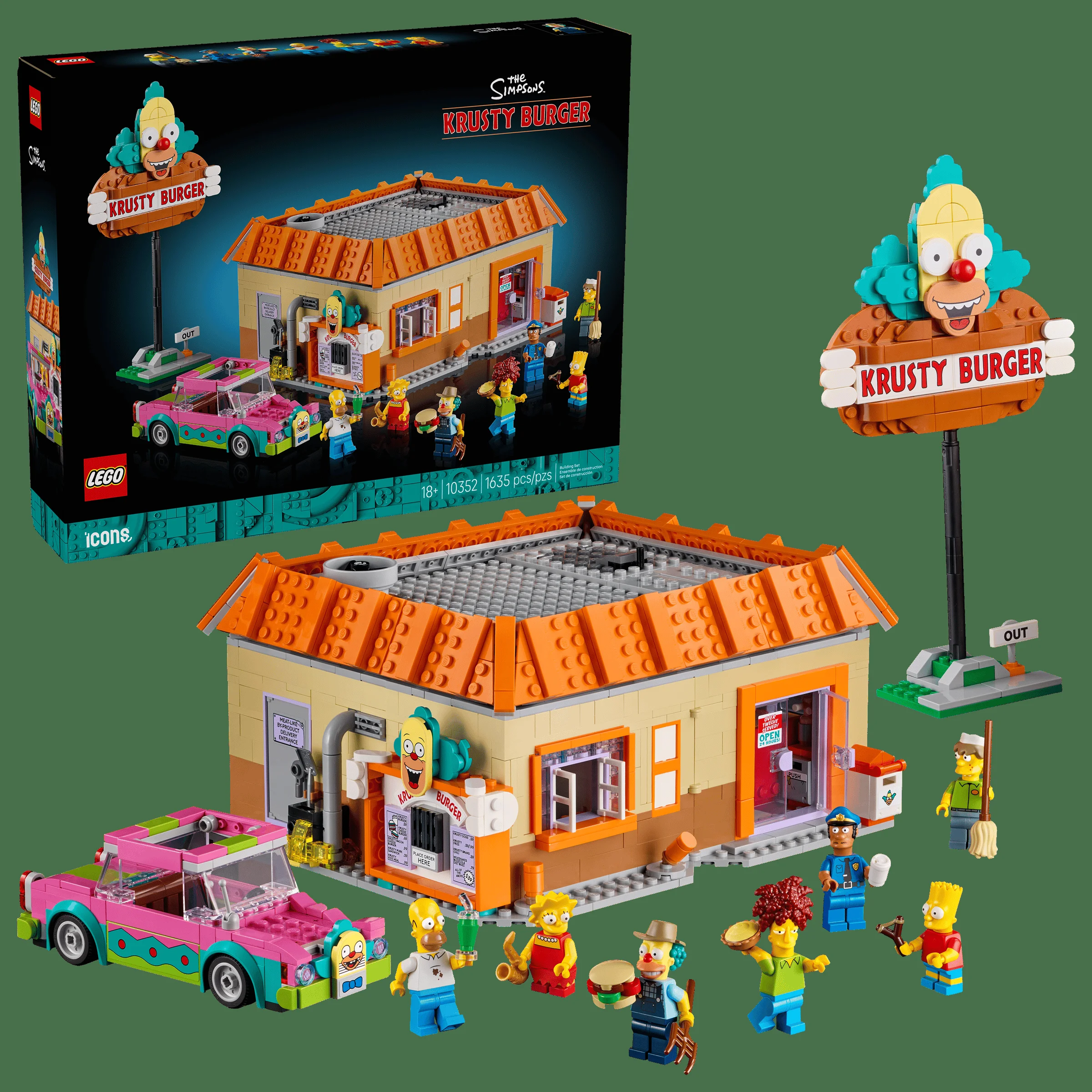 Imagine cu setul LEGO Krusty Burger (10352), arătând construcția și minifigurinele incluse.