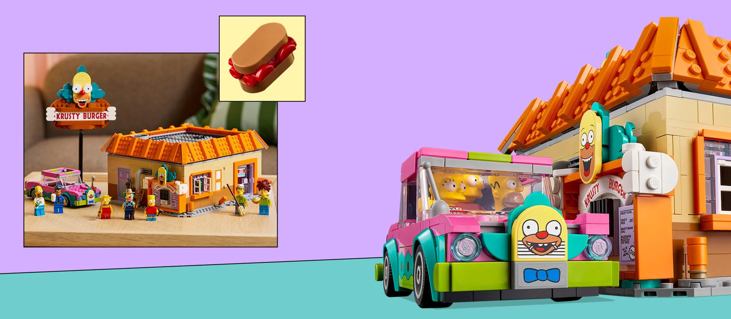 Imagine cu setul LEGO Krusty Burger, incluzând minifigurine și mașina familiei Simpson.