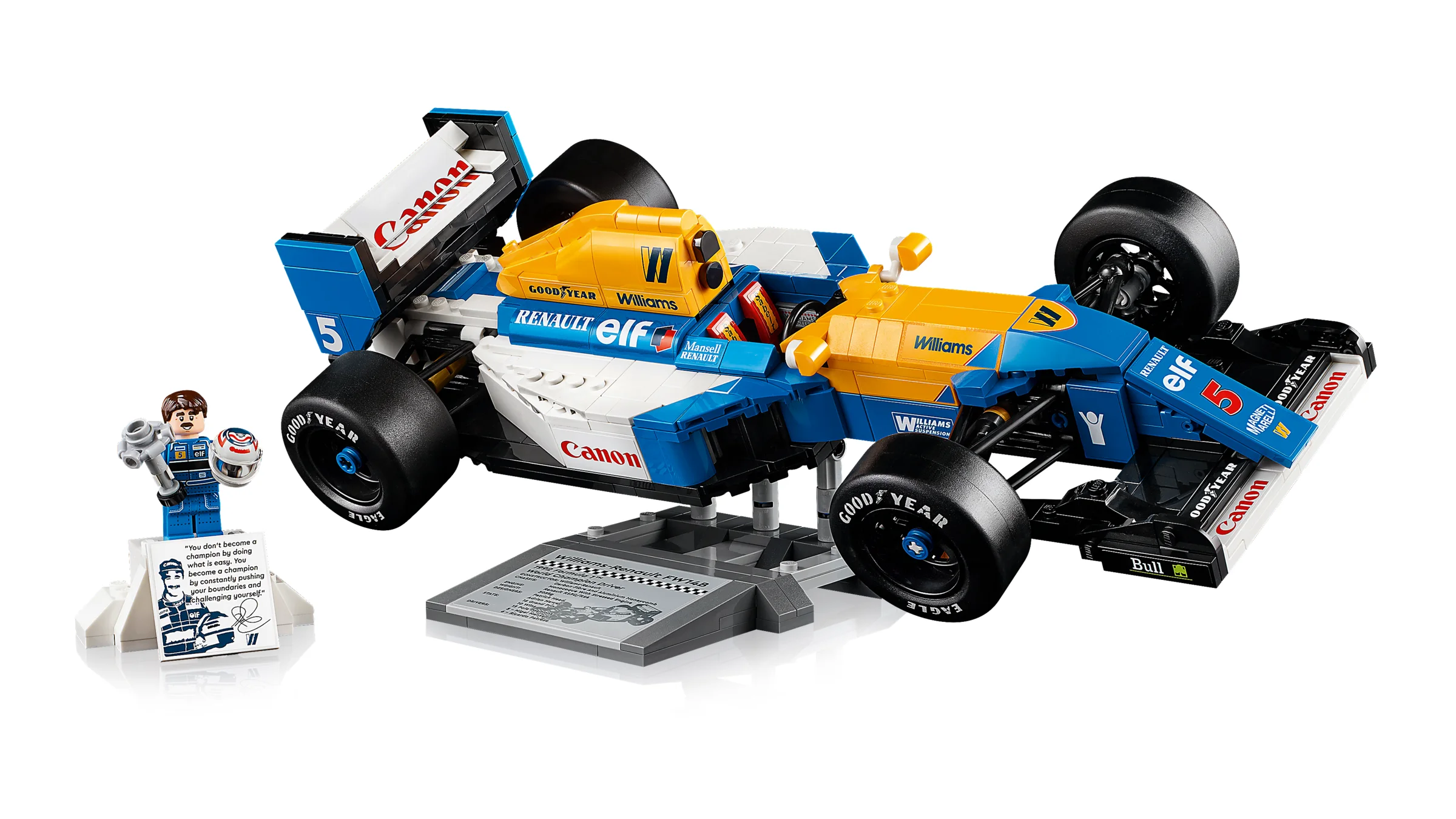 Imagine detaliată a modelului LEGO Williams FW14B și a figurinei Nigel Mansell.