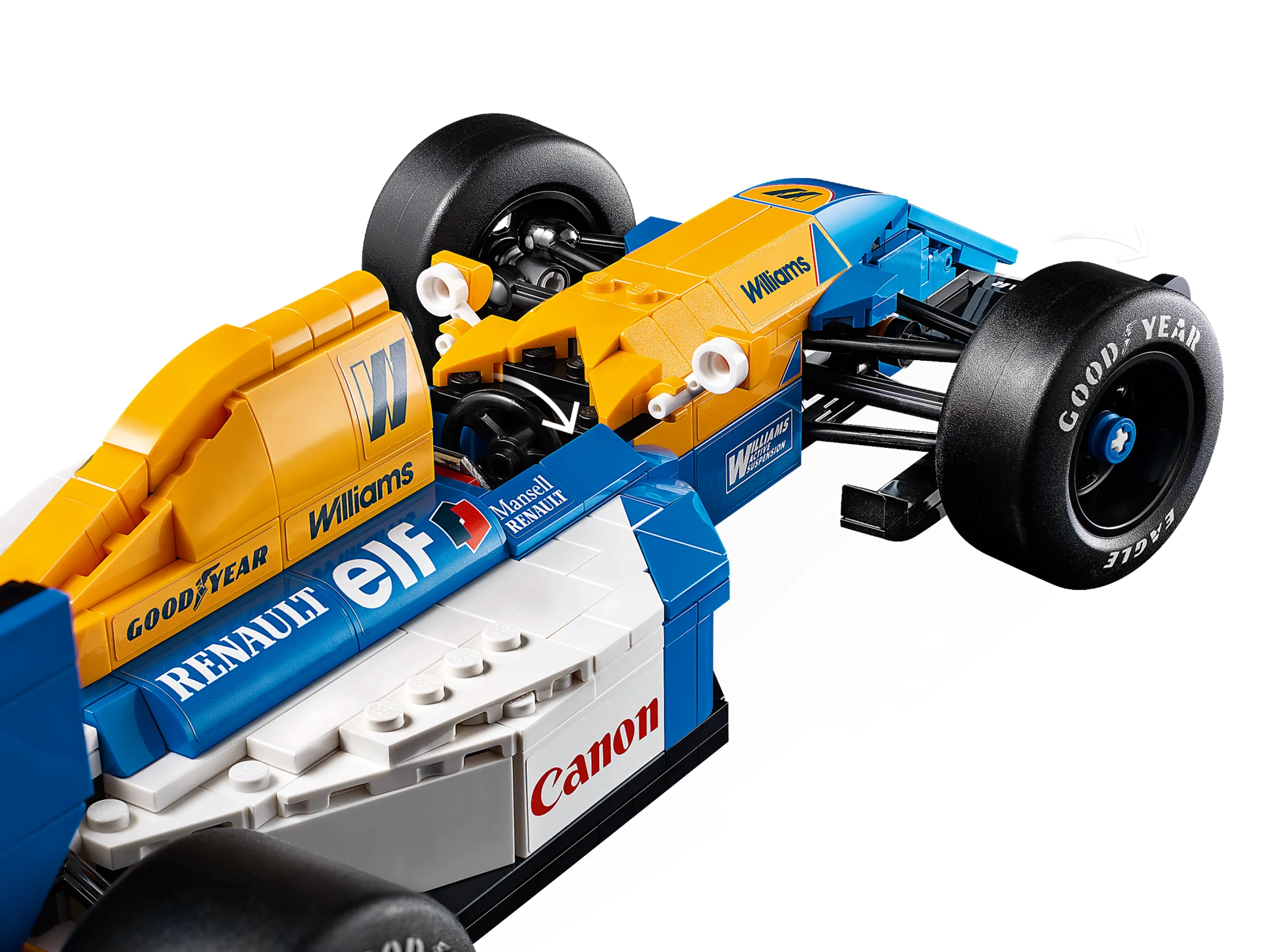 Detalii ale modelului LEGO Williams FW14B, cu elemente distinctive precum anvelopele și inscripțiile.