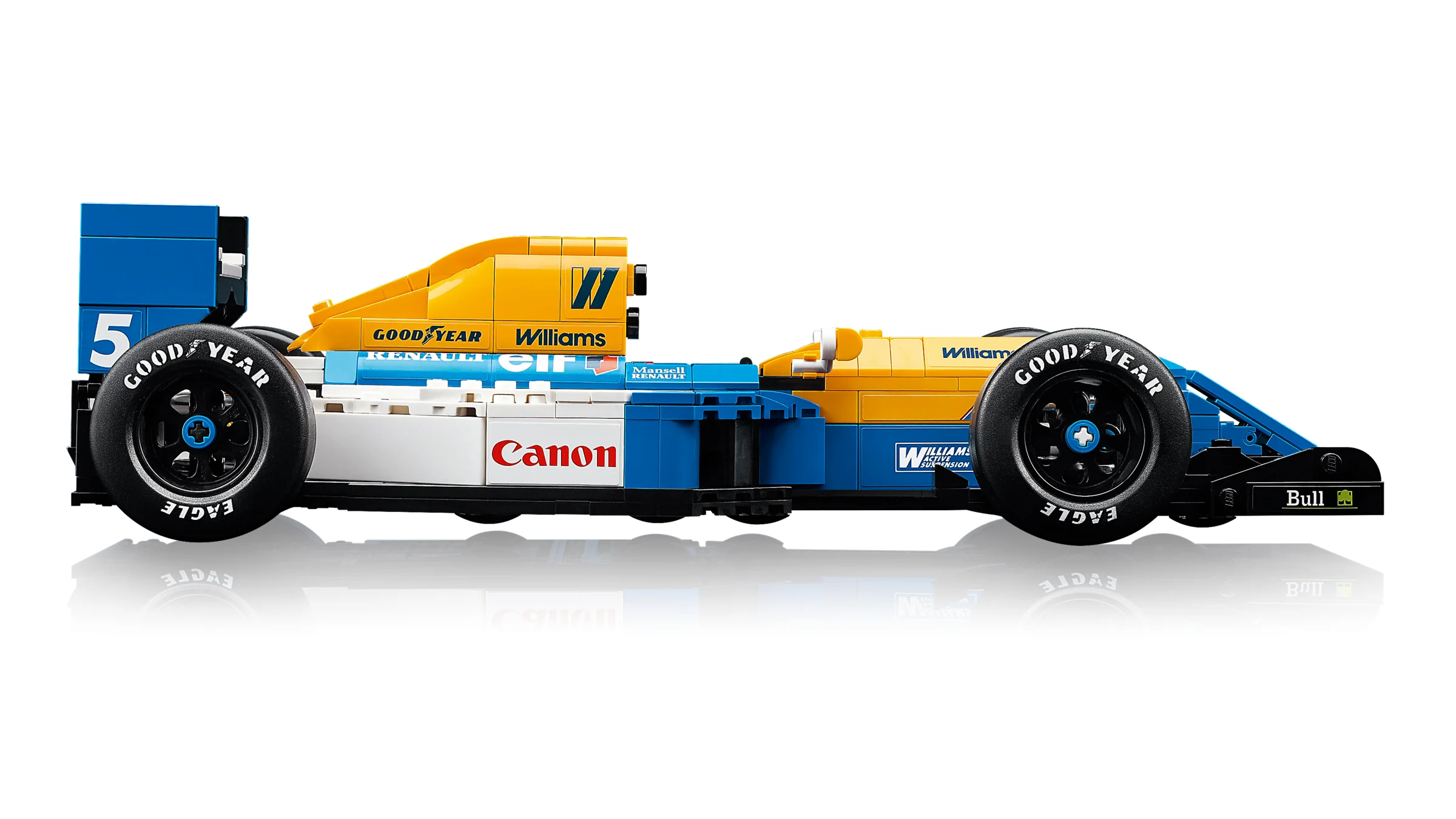 Modelul LEGO Williams FW14B, detaliu lateral cu inscripții și logo-uri.