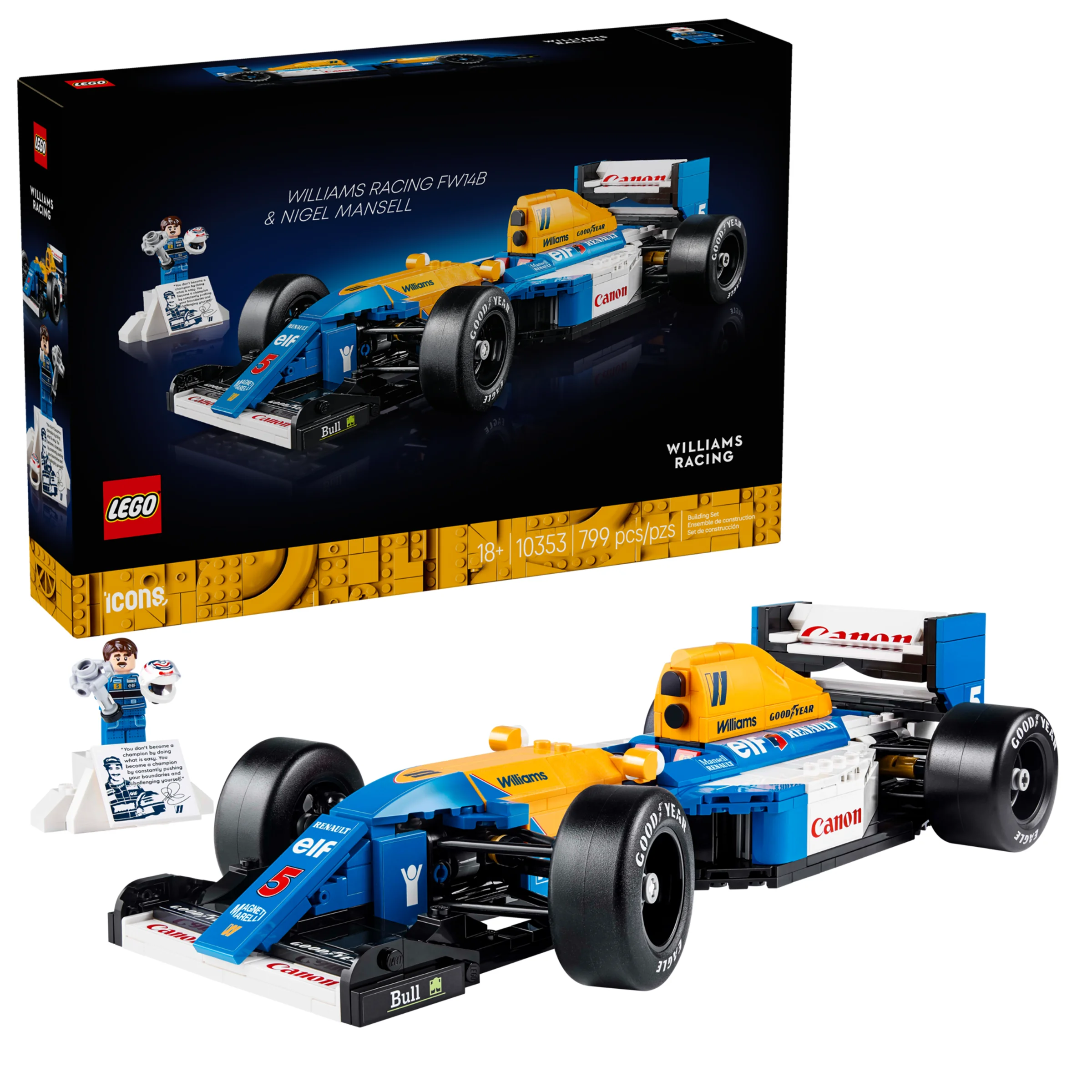 Imagine cu setul LEGO Williams Racing FW14B și Nigel Mansell, inclusiv cutia și minifigurina.