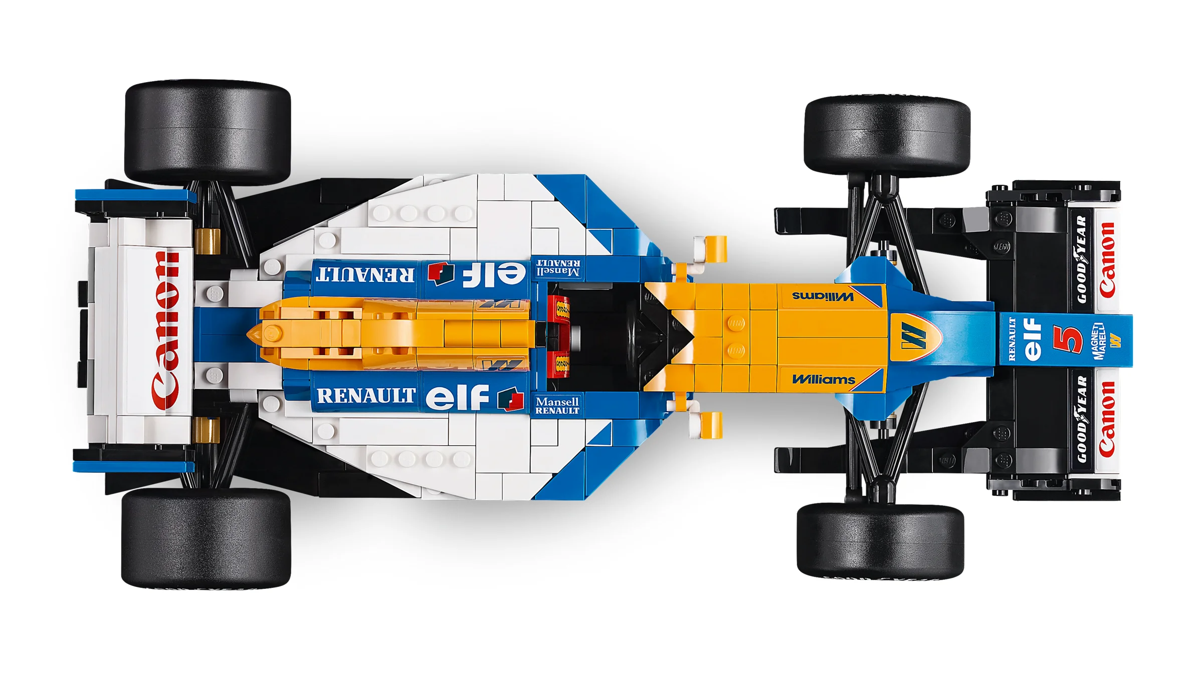 Imagine de sus a monopostului LEGO Williams FW14B, detaliind sponsorii și culorile sale.