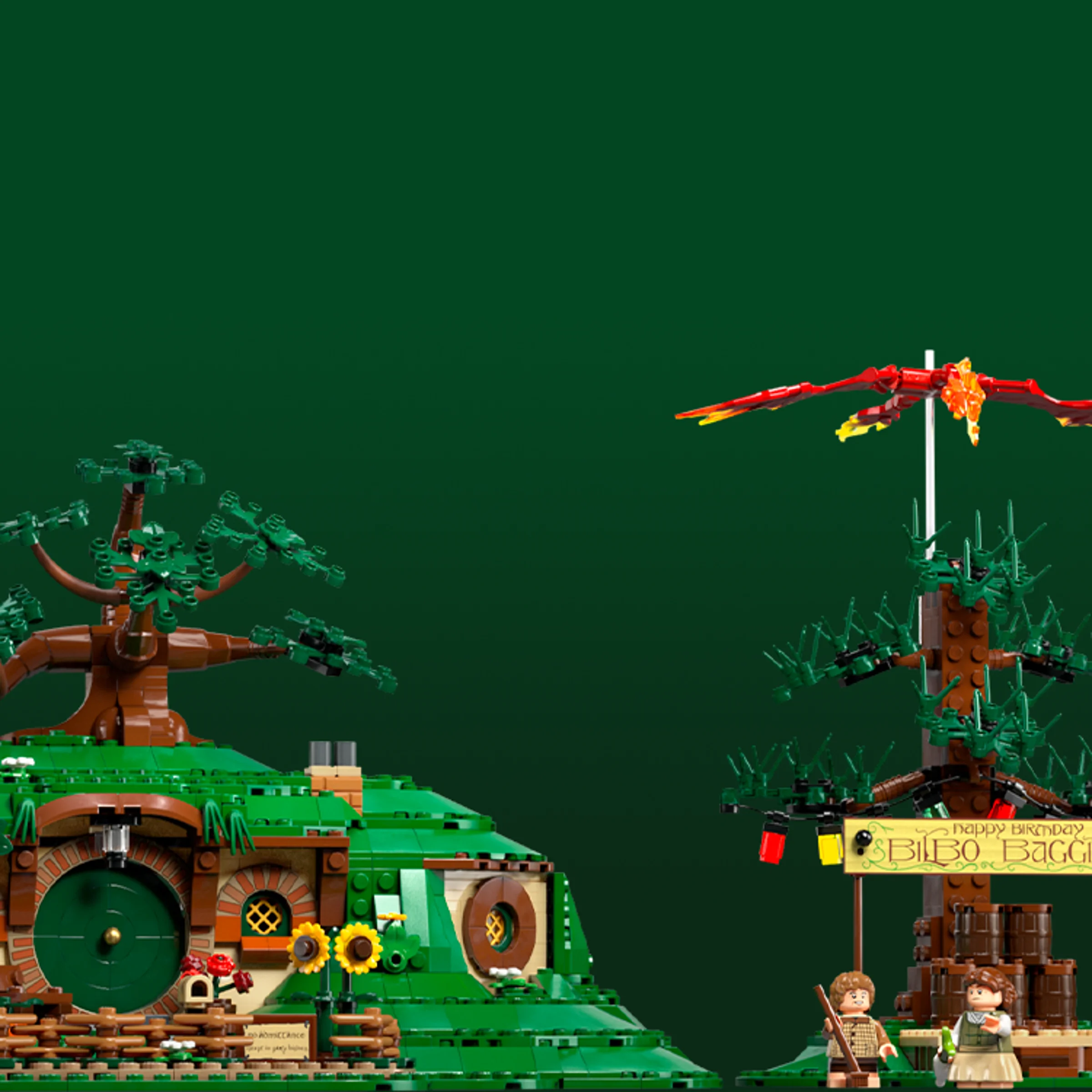 Imagine cu modelul LEGO 10354 The Shire, arătând hobbiton și elemente specifice, viu colorate.