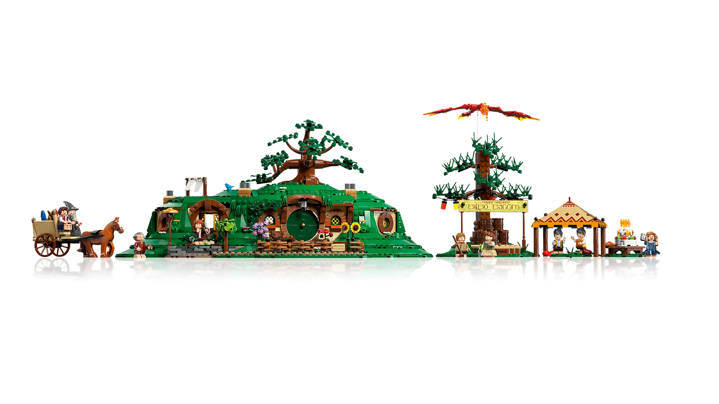 Prezentare a setului LEGO Hobbiton, cu Bilbo Baggins și o petrecere animată. Scene idilice din Comitat.