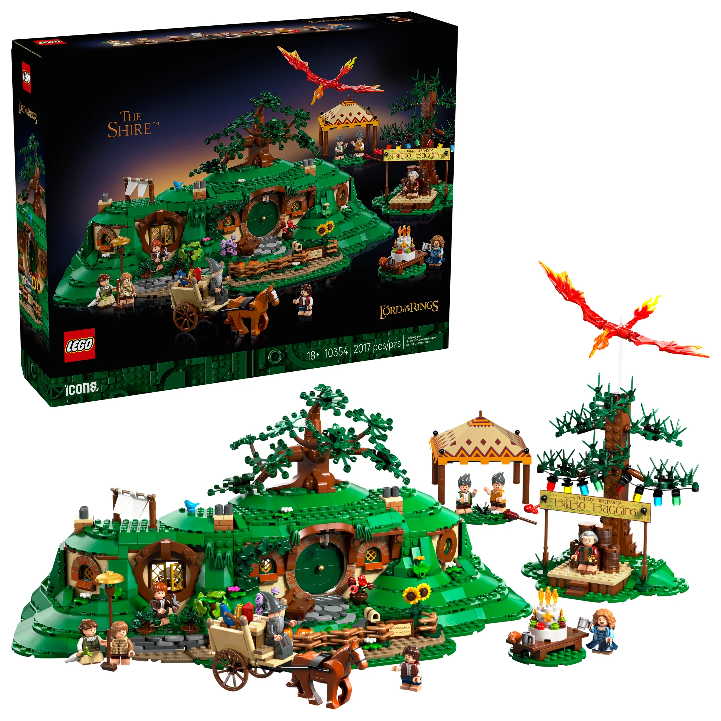 Imagine cu setul LEGO 10354 „The Shire”, cu modelul complet și cutia produsului. Detalii verzi și minifigurine.