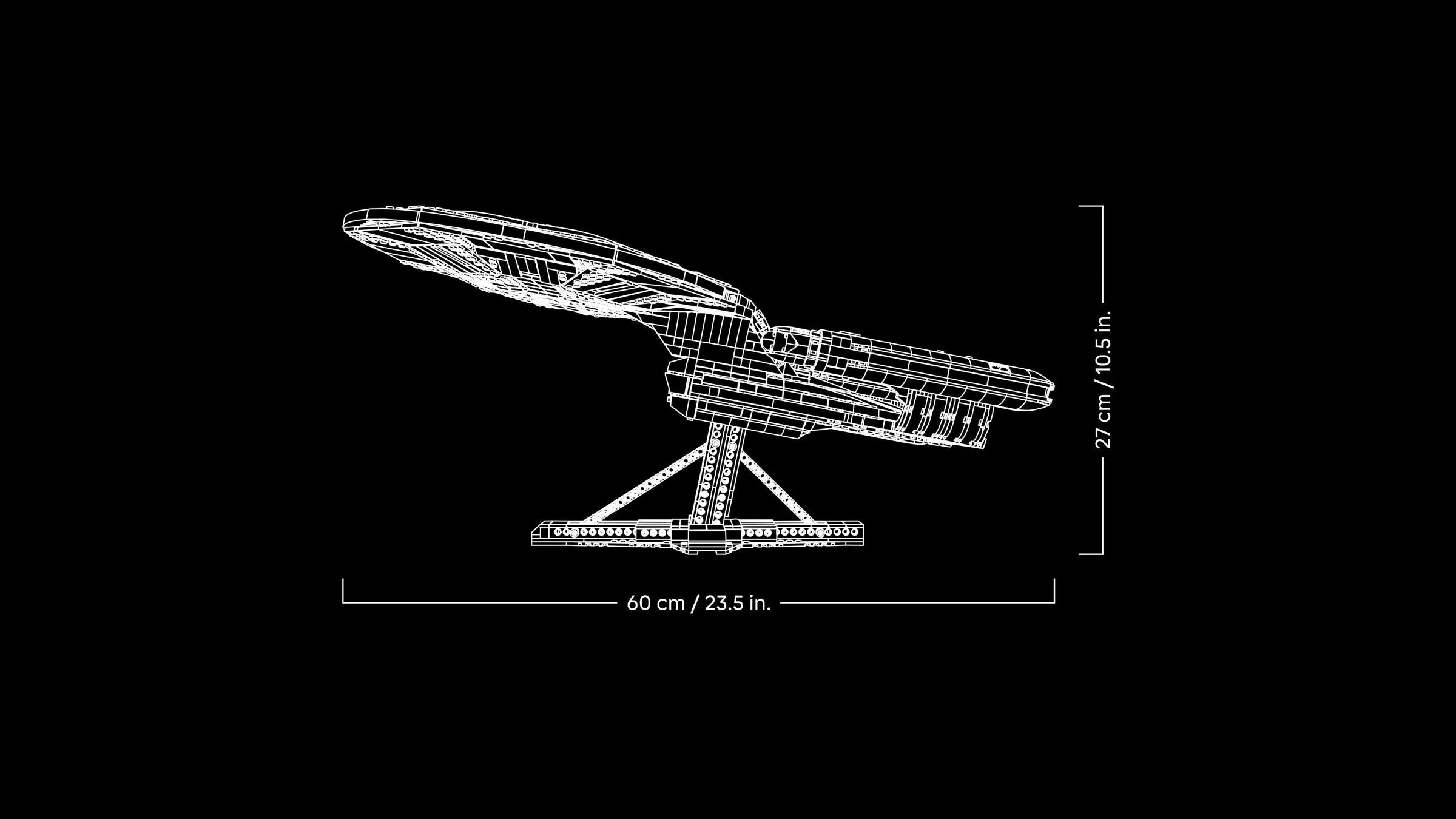 Imagine schematică a modelului U.S.S. Enterprise NCC-1701-D, cu dimensiunile indicate.