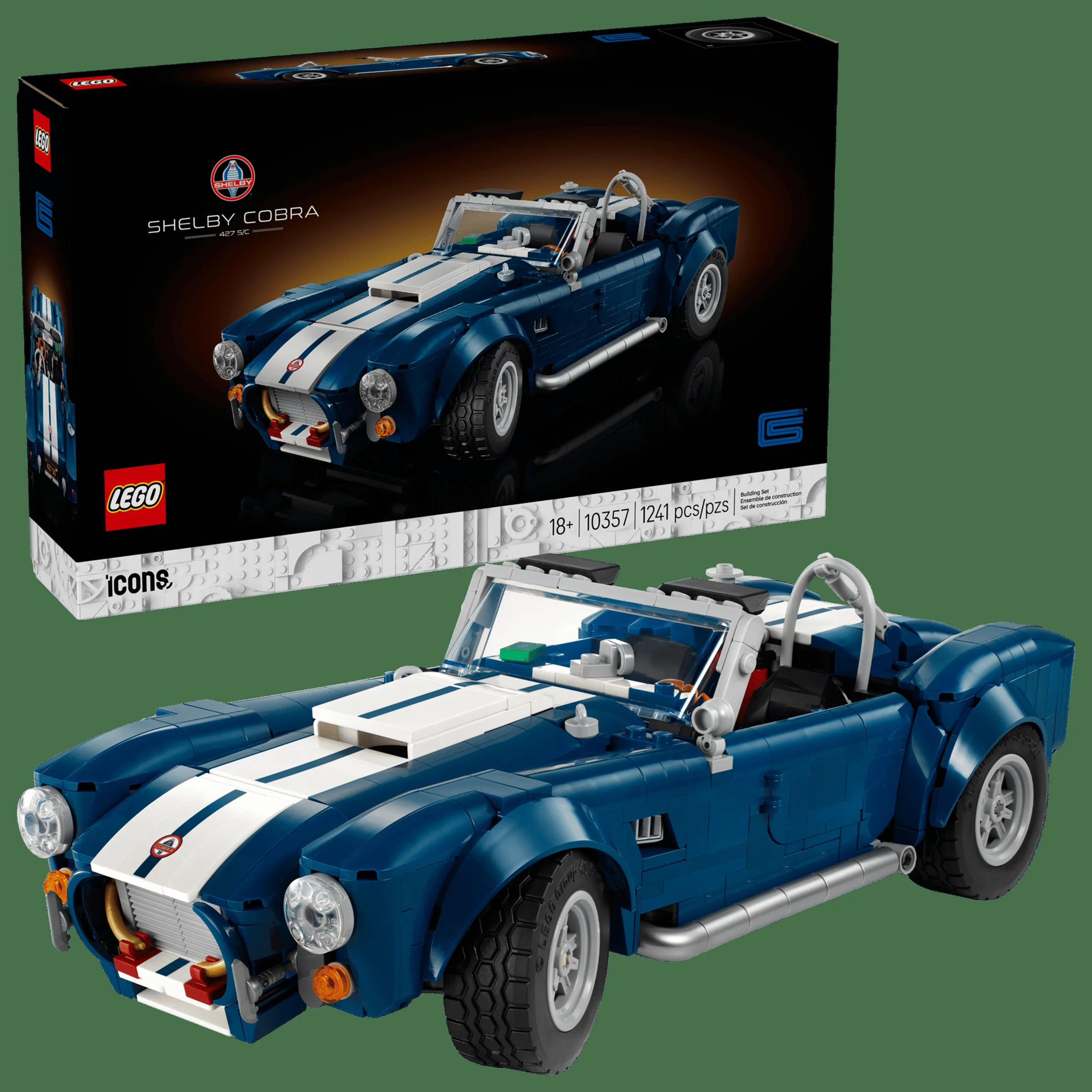 Imagine prezintă modelul LEGO Shelby Cobra 427 S/C și cutia. Detalii realiste și culori vii.