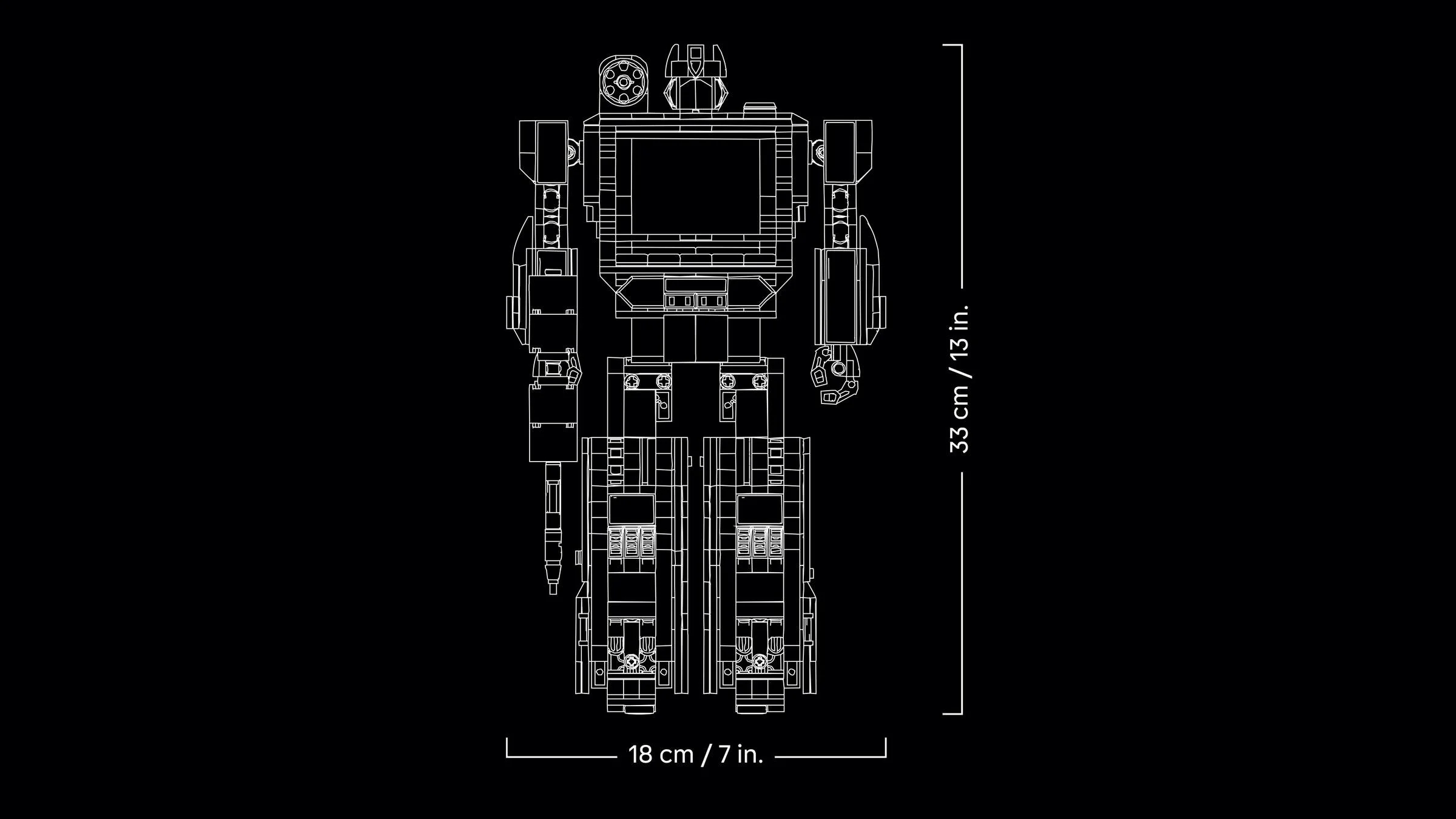 Desen tehnic cu dimensiunile modelului Soundwave LEGO: 33 cm înălțime și 18 cm lățime.