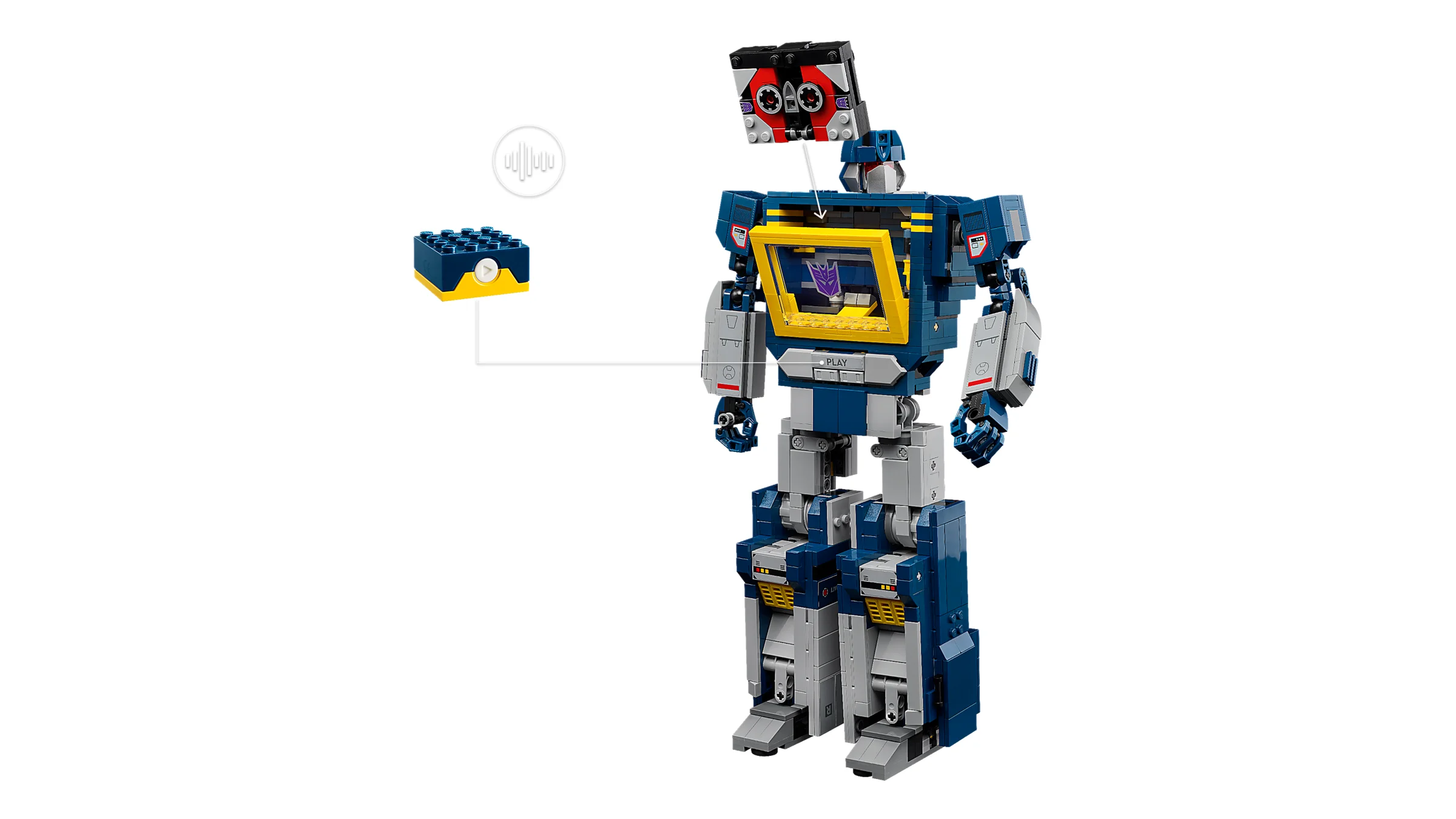 Imagine cu Soundwave LEGO, afișând designul detaliat și accesoriile sale.