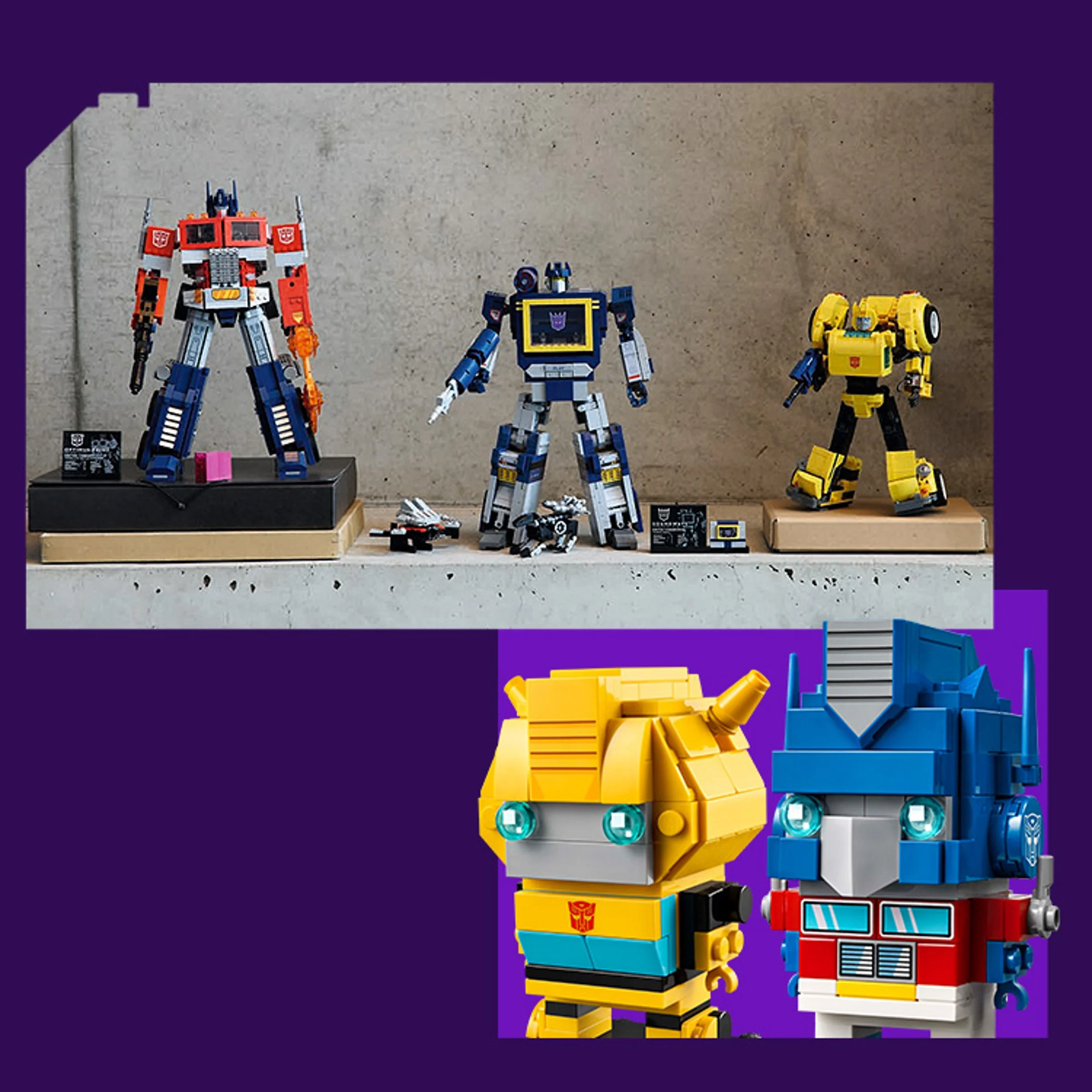 Imagine cu trei roboți Transformers construiți din LEGO: Optimus Prime, Soundwave și Bumblebee.