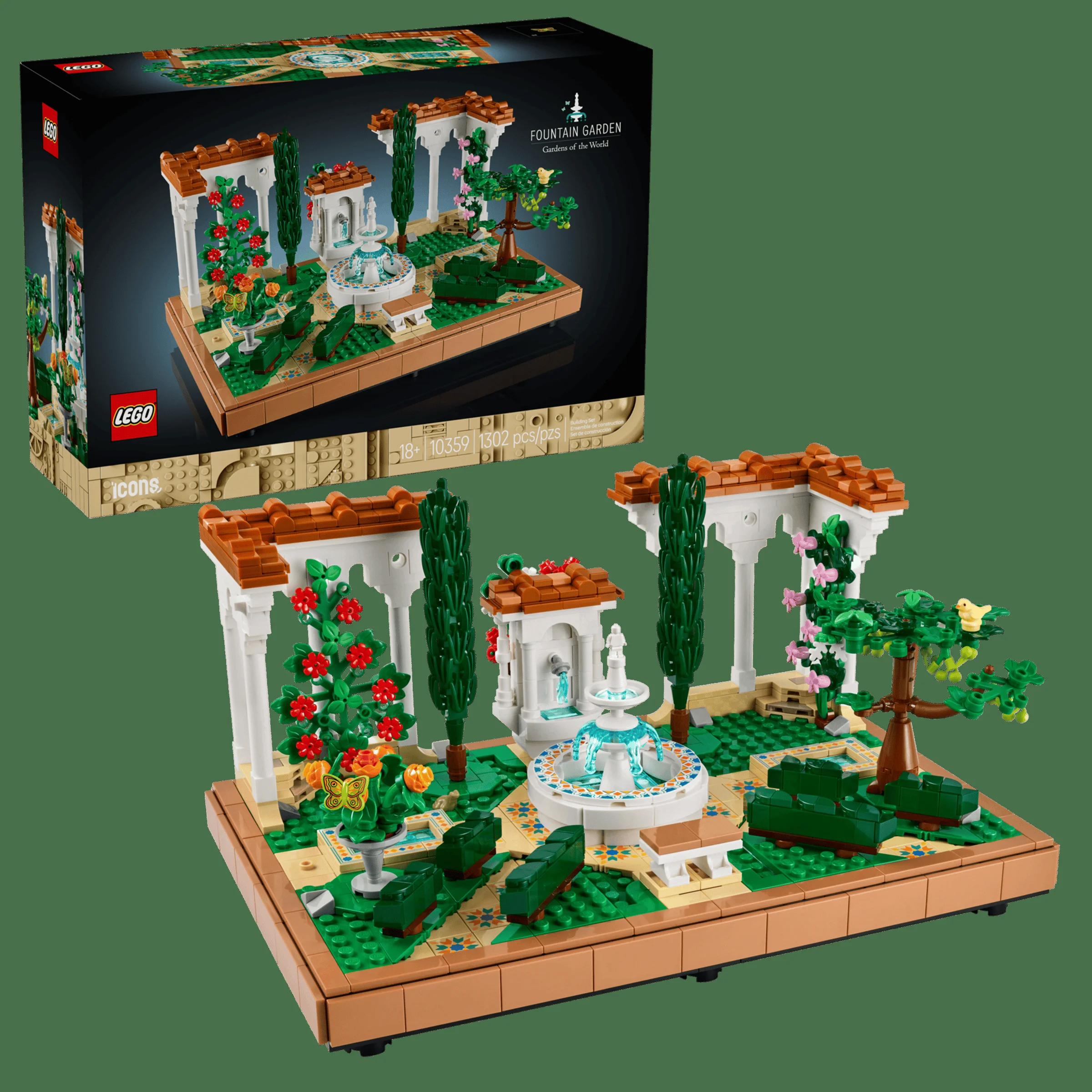 Imagine cu produsul LEGO 10359 Grădina cu Fântână. Setul include fântână, arbuști, copaci și plante.
