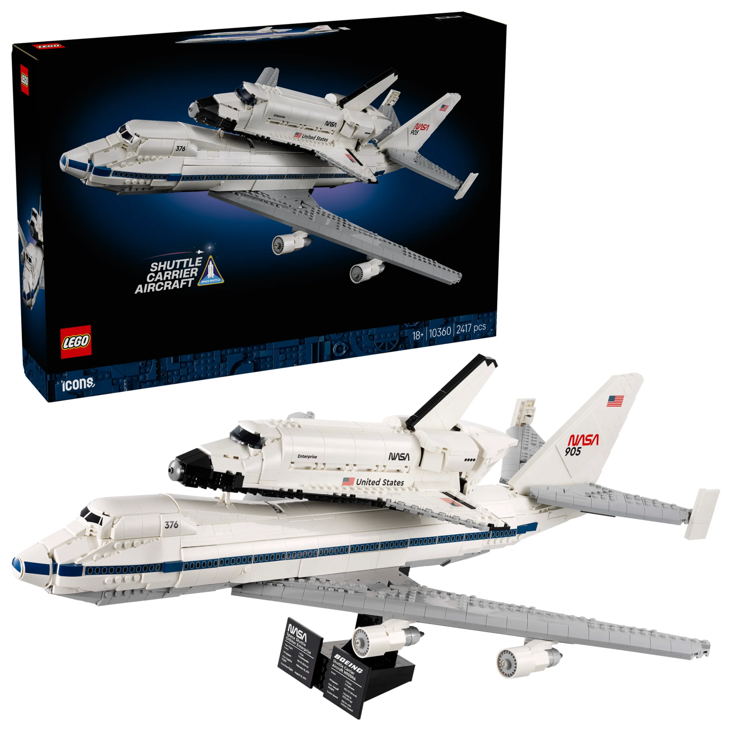 Imagine cu setul LEGO 10360, avion purtător de navete spațiale. Include cutia și modelul asamblat.