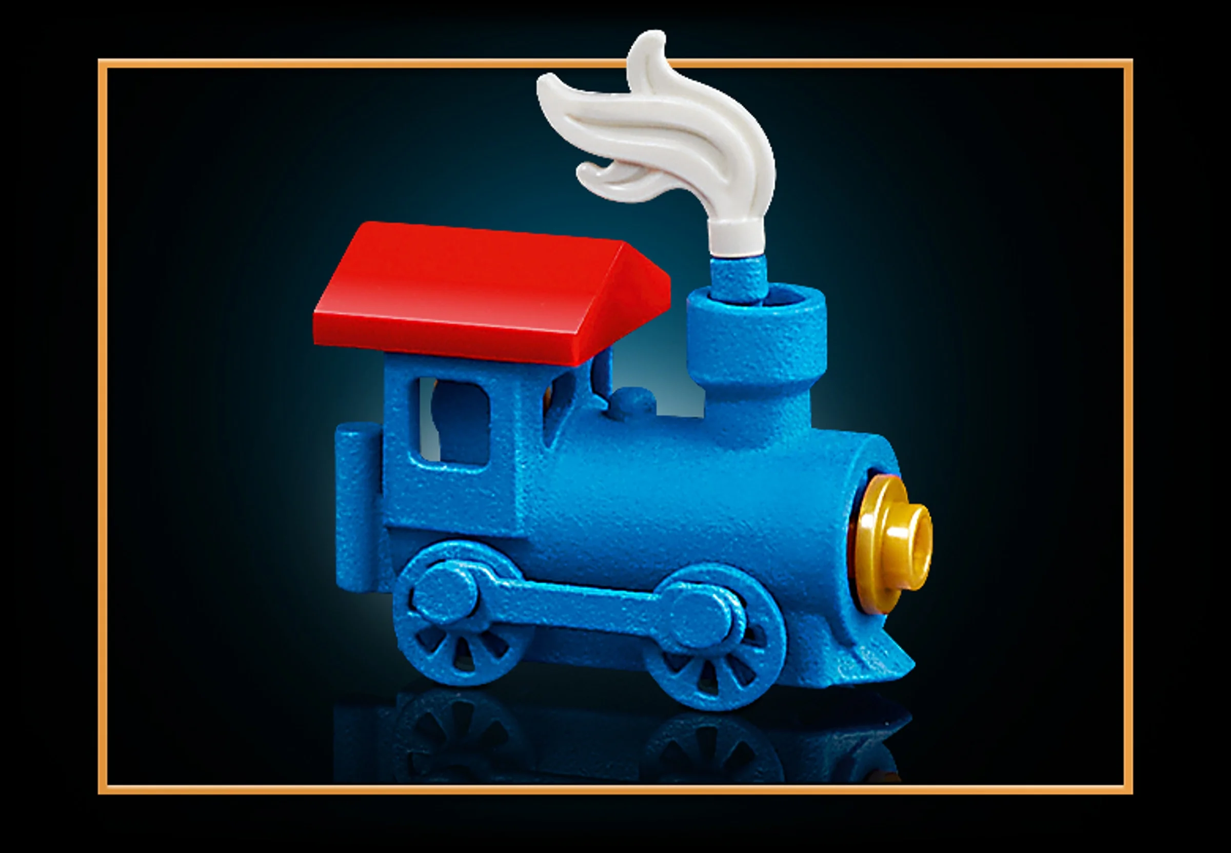 Locomotivă albastră LEGO, cu acoperiș roșu și fum alb. O jucărie drăguță pentru sărbători.