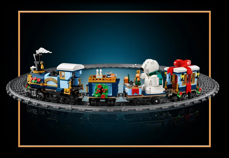 Trenul Holiday Express 10361, decorat festiv, pe șine curbate. Un cadou de sărbători încântător.