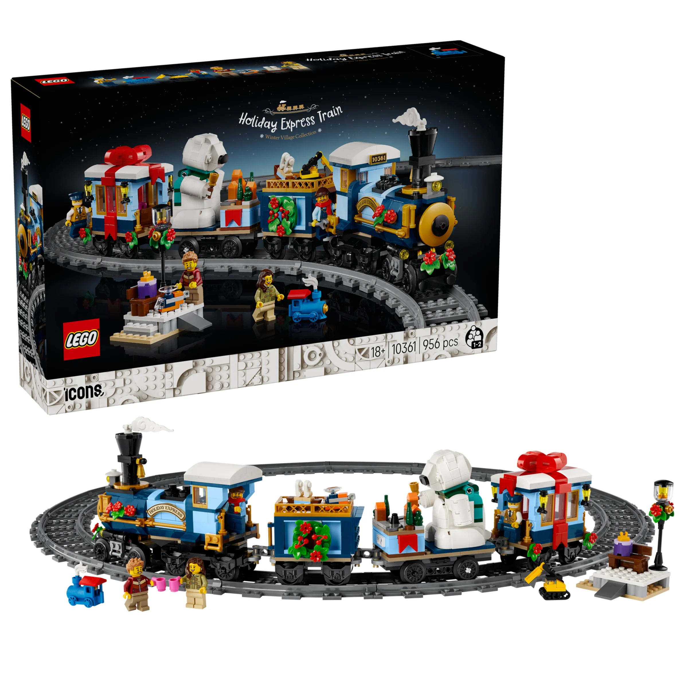 Trenul Holiday Express LEGO 10361, o scenă festivă cu tren, vagon și minifigurine.