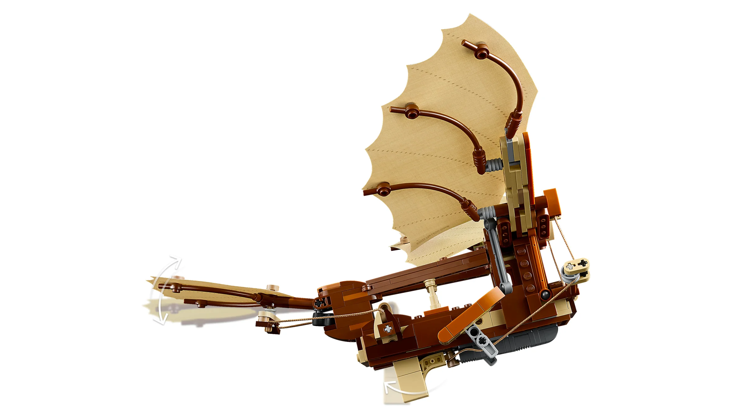 Imagine cu mașina de zbor a lui Leonardo da Vinci, set detaliat LEGO. Arată aripa și mecanismele.