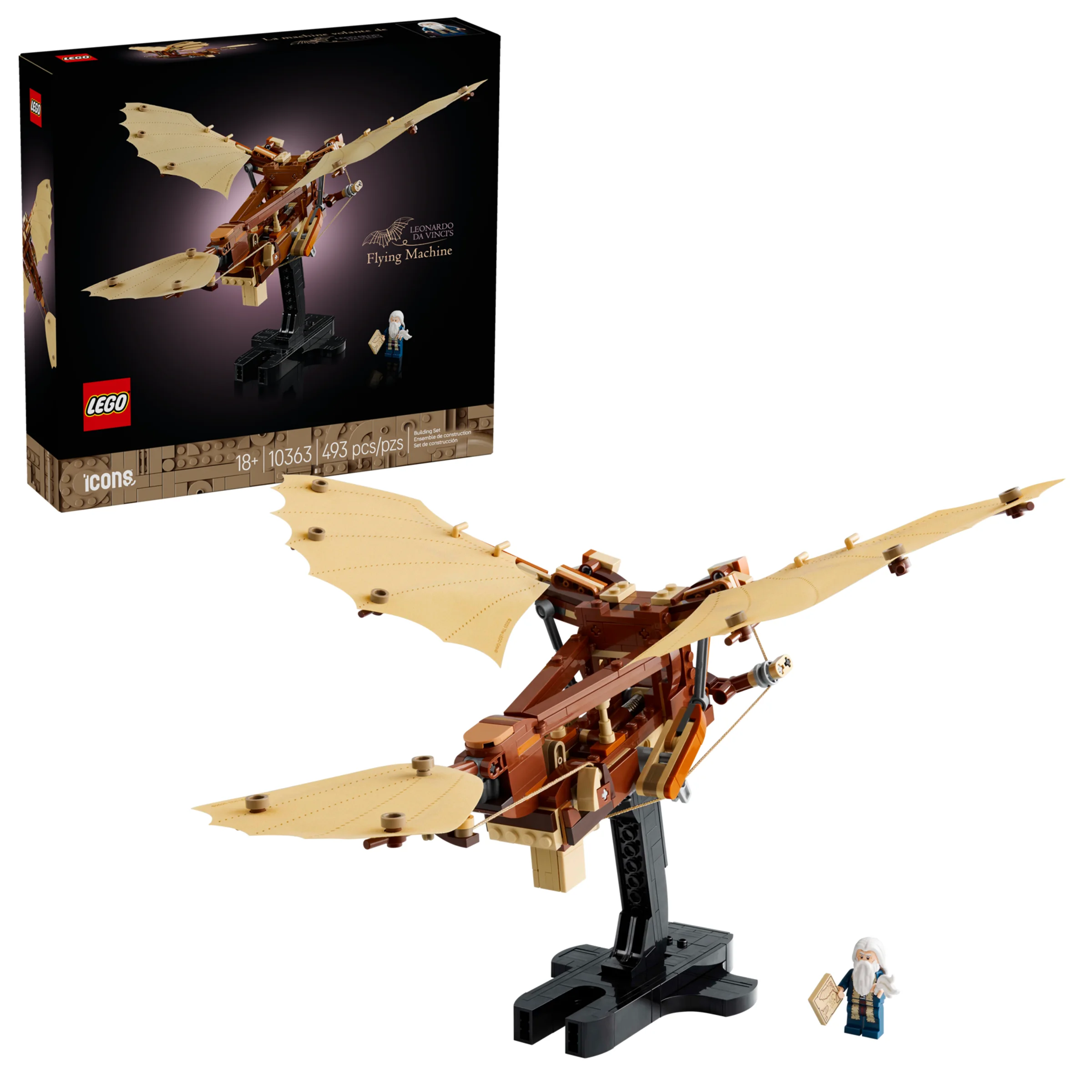 Imagine a setului LEGO 10363, mașina zburătoare a lui Leonardo da Vinci și cutia. Produsul este detaliat.