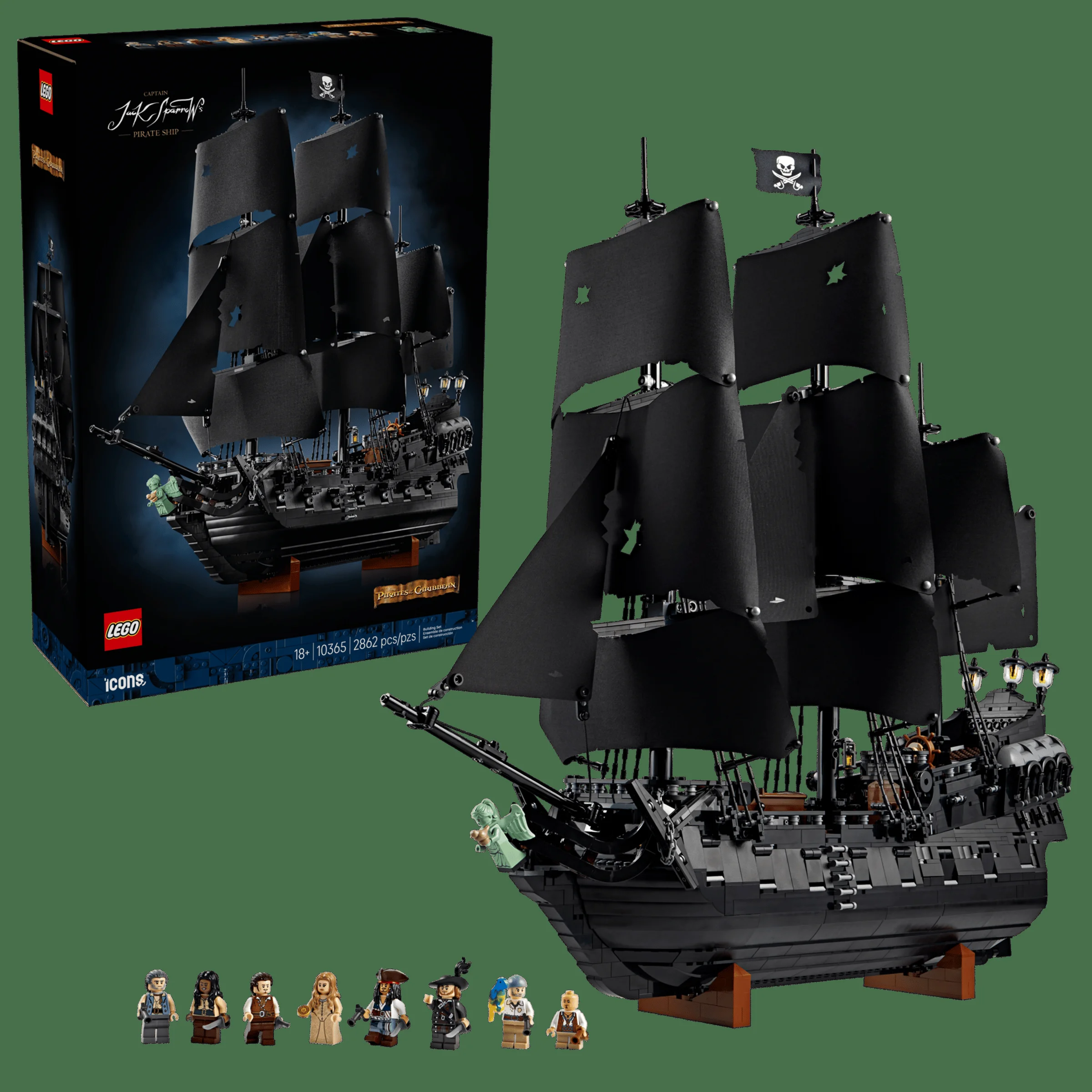 Imagine cu corabia piraților Captain Jack Sparrow, alături de cutie și minifigurinele incluse.