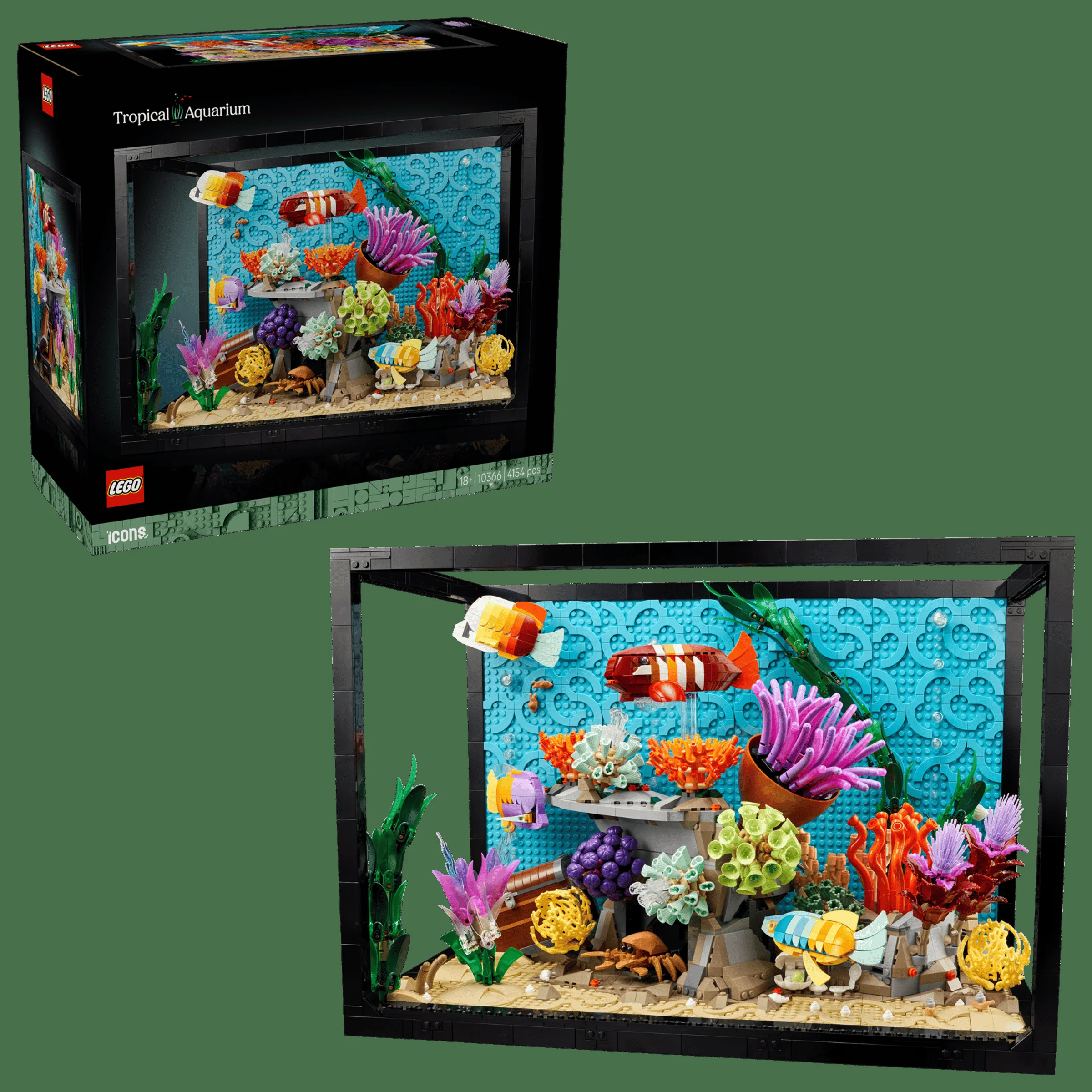 Imagine cu acvariul tropical LEGO 10366, inclusiv cutia. Culori vii și detalii realiste ale vieții acvatice.