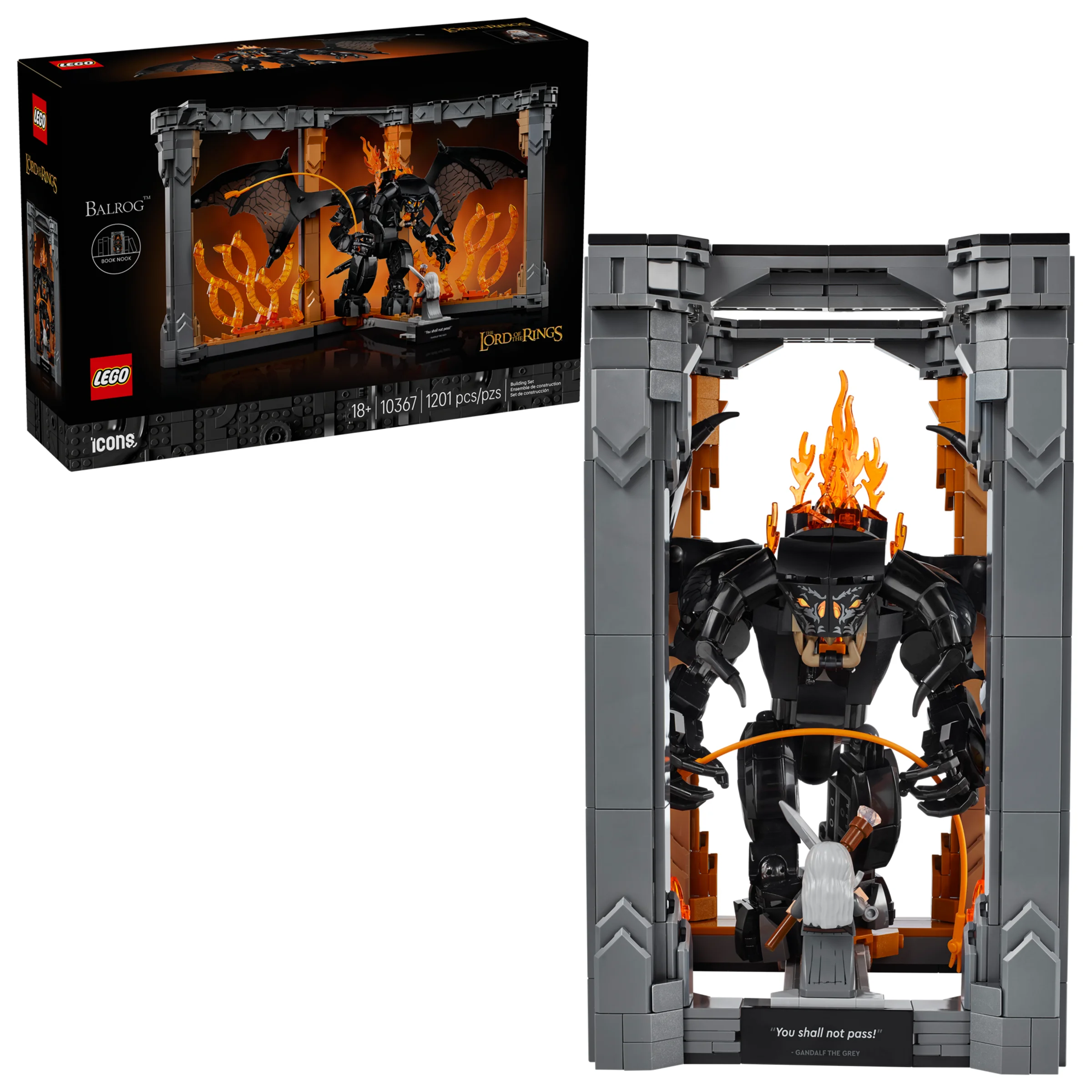 Imagine cu cutia LEGO Balrog Book Nook și modelul construit, cu Balrog și Gandalf în Moria.