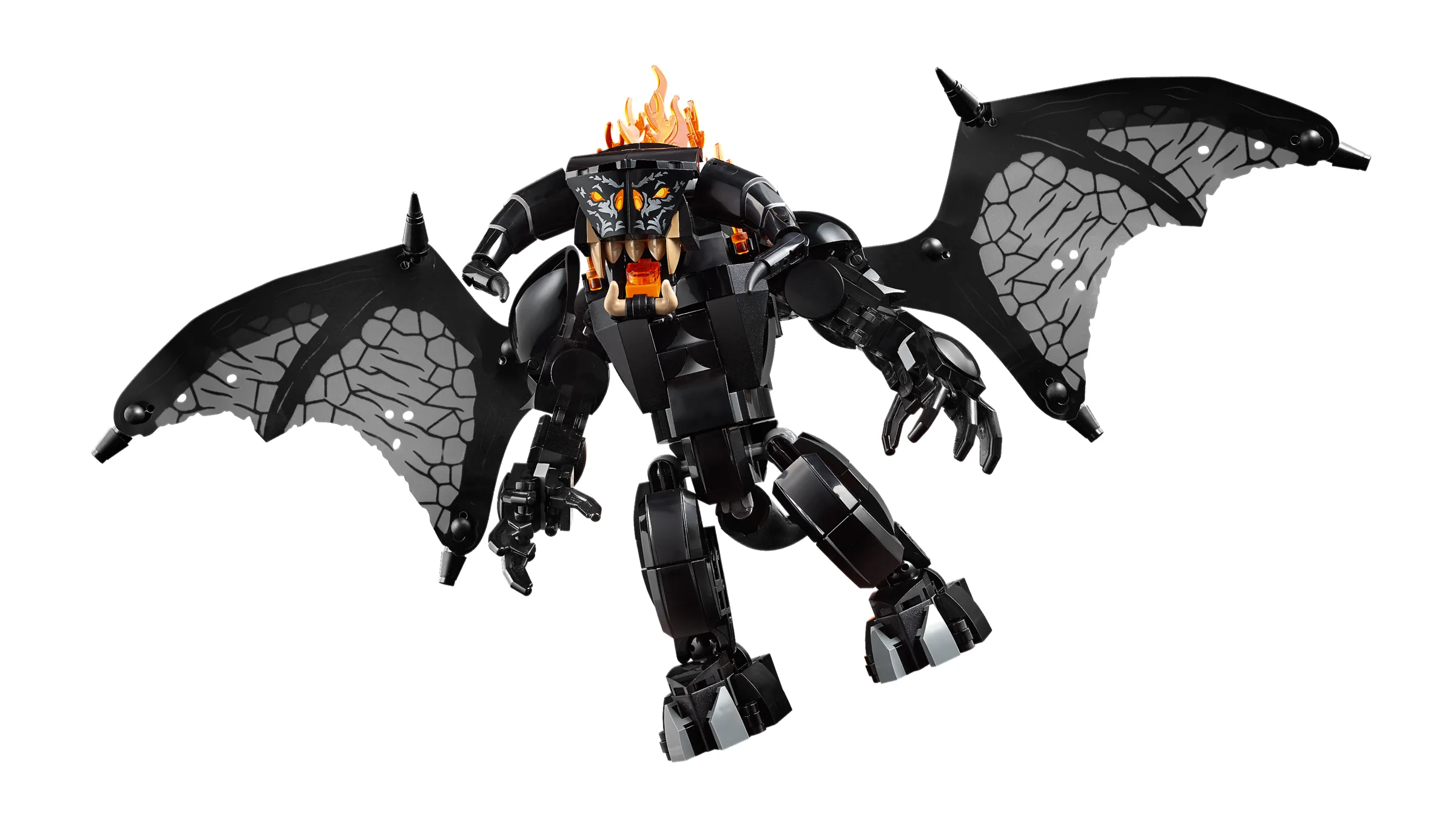 Imagine detaliată cu Balrog-ul LEGO, cu flăcări și aripi, pe un fundal alb.