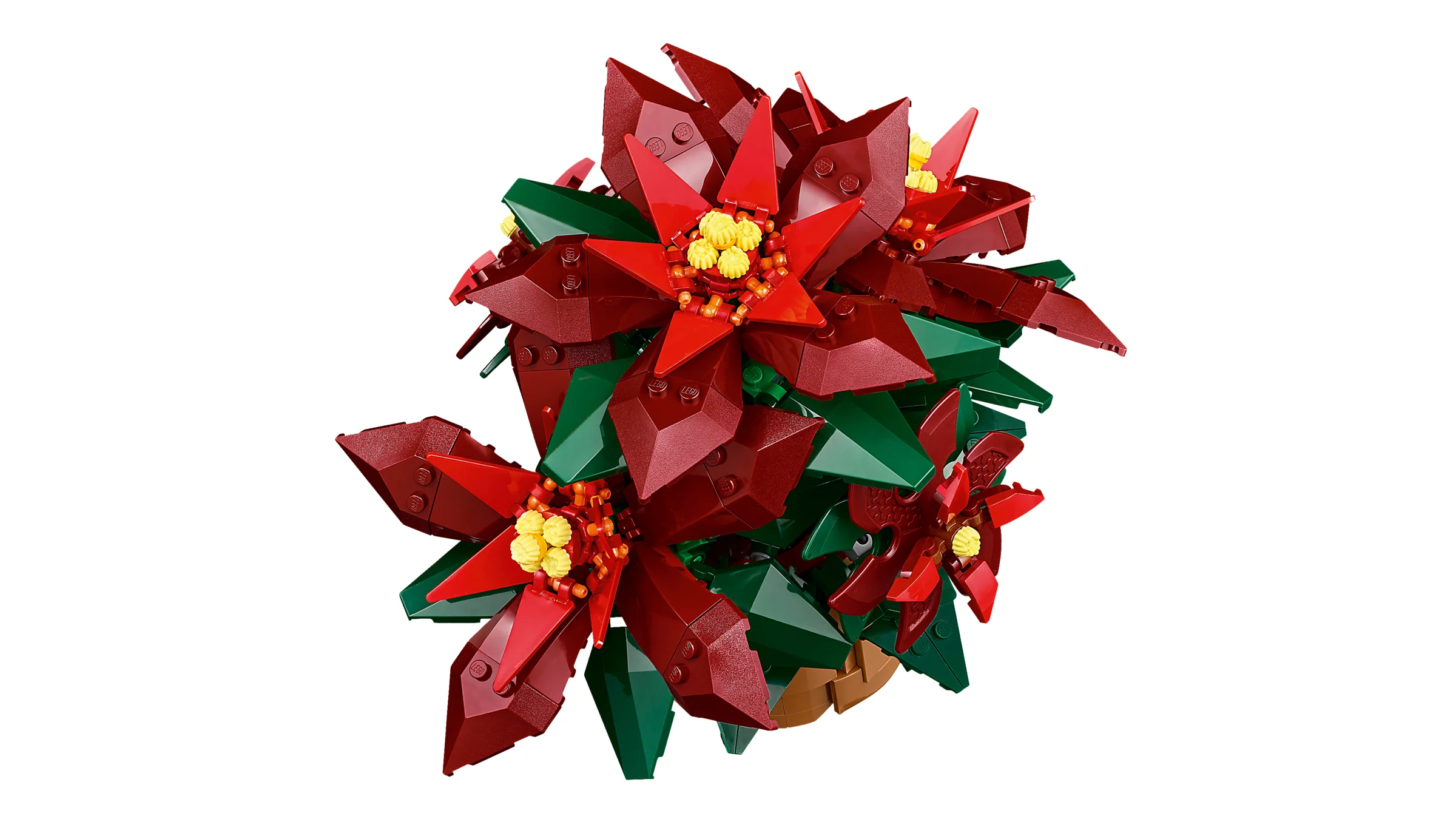 Imagine detaliată a modelului LEGO Poinsettia, cu flori roșii și frunze verzi.