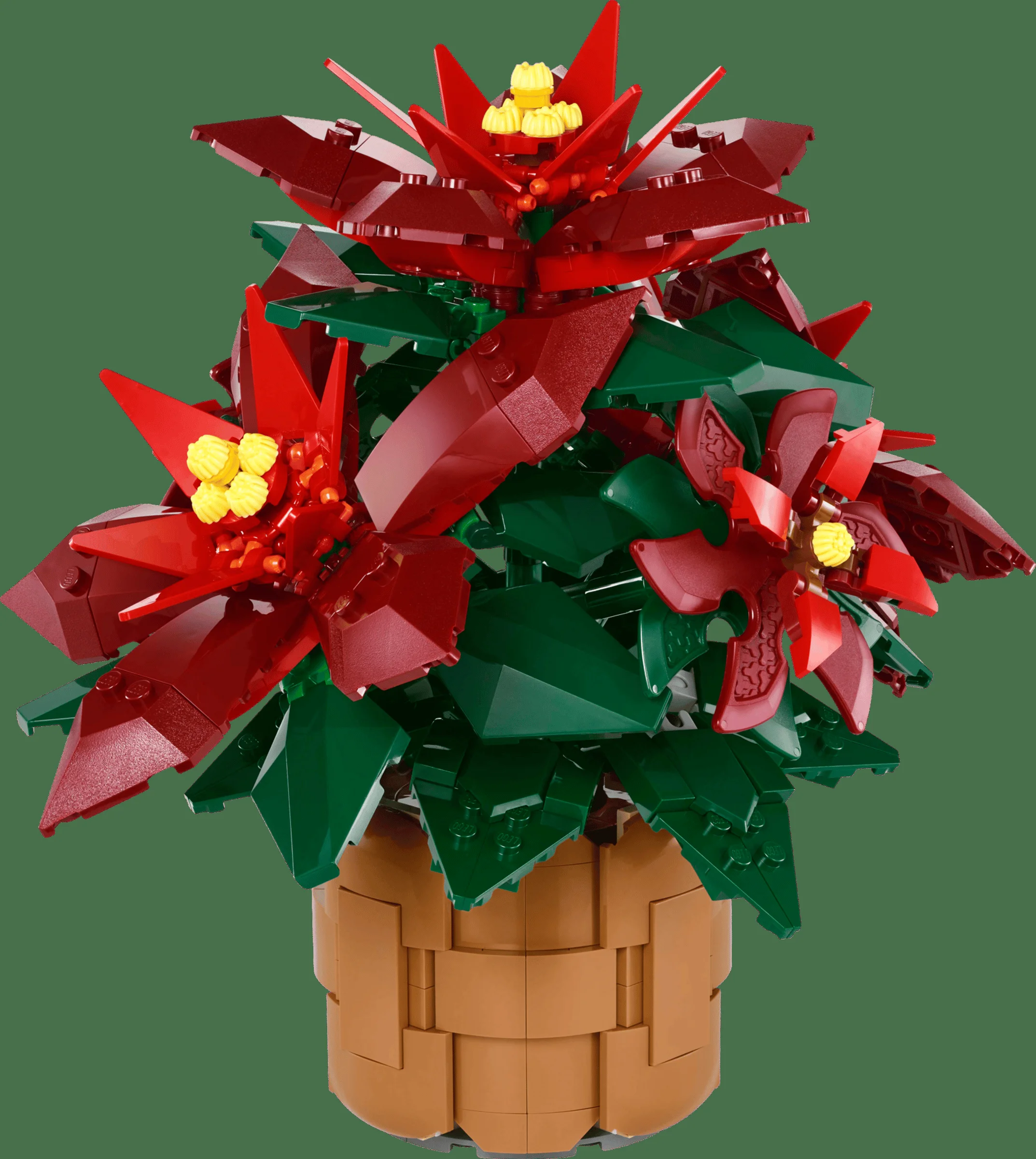 Imagine cu modelul LEGO Poinsettia, ce prezintă florile roșii și frunzele verzi într-un ghiveci maro.