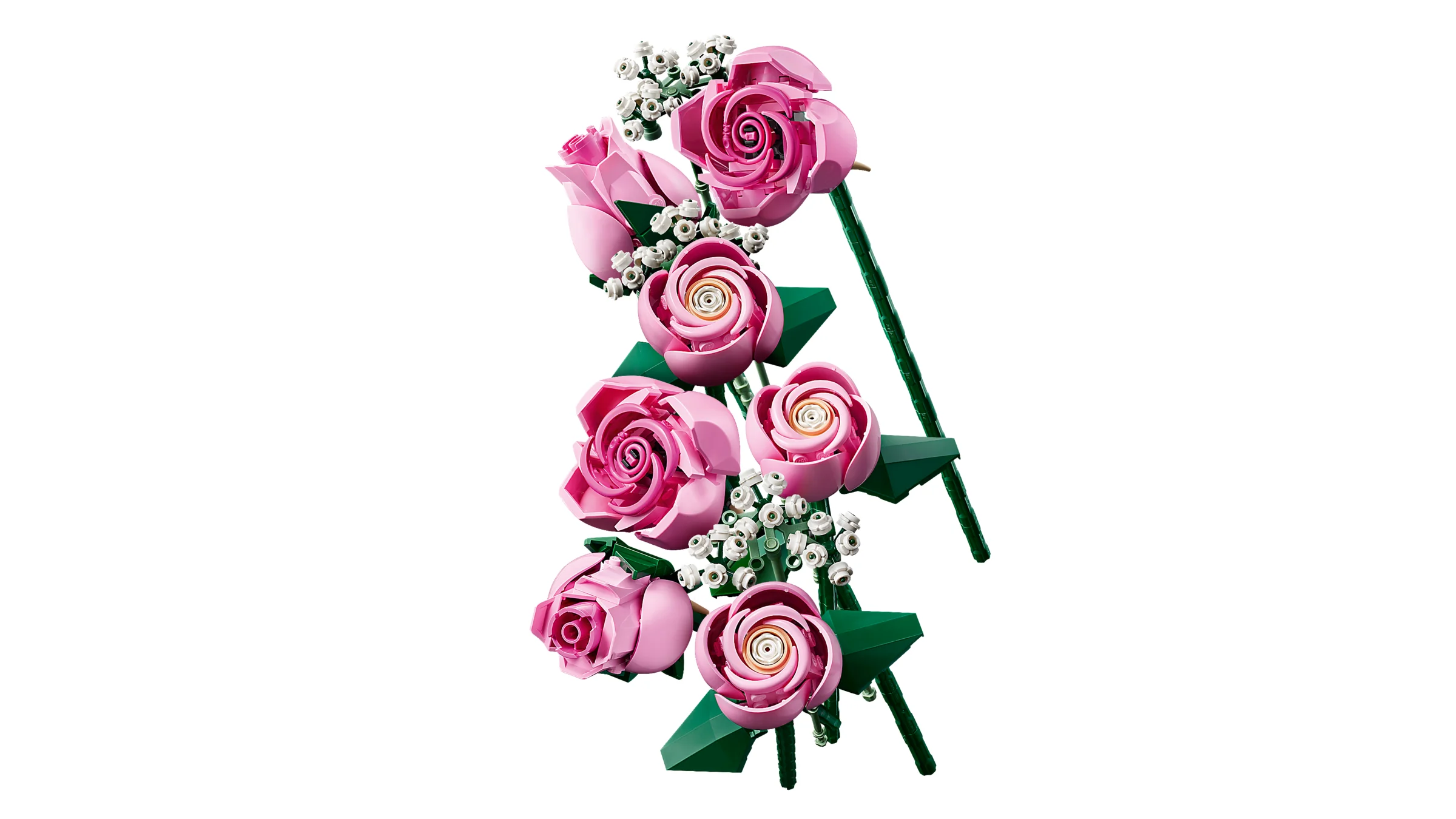 Buchet cu trandafiri roz LEGO 10374. Detaliile florale sunt bine evidențiate.