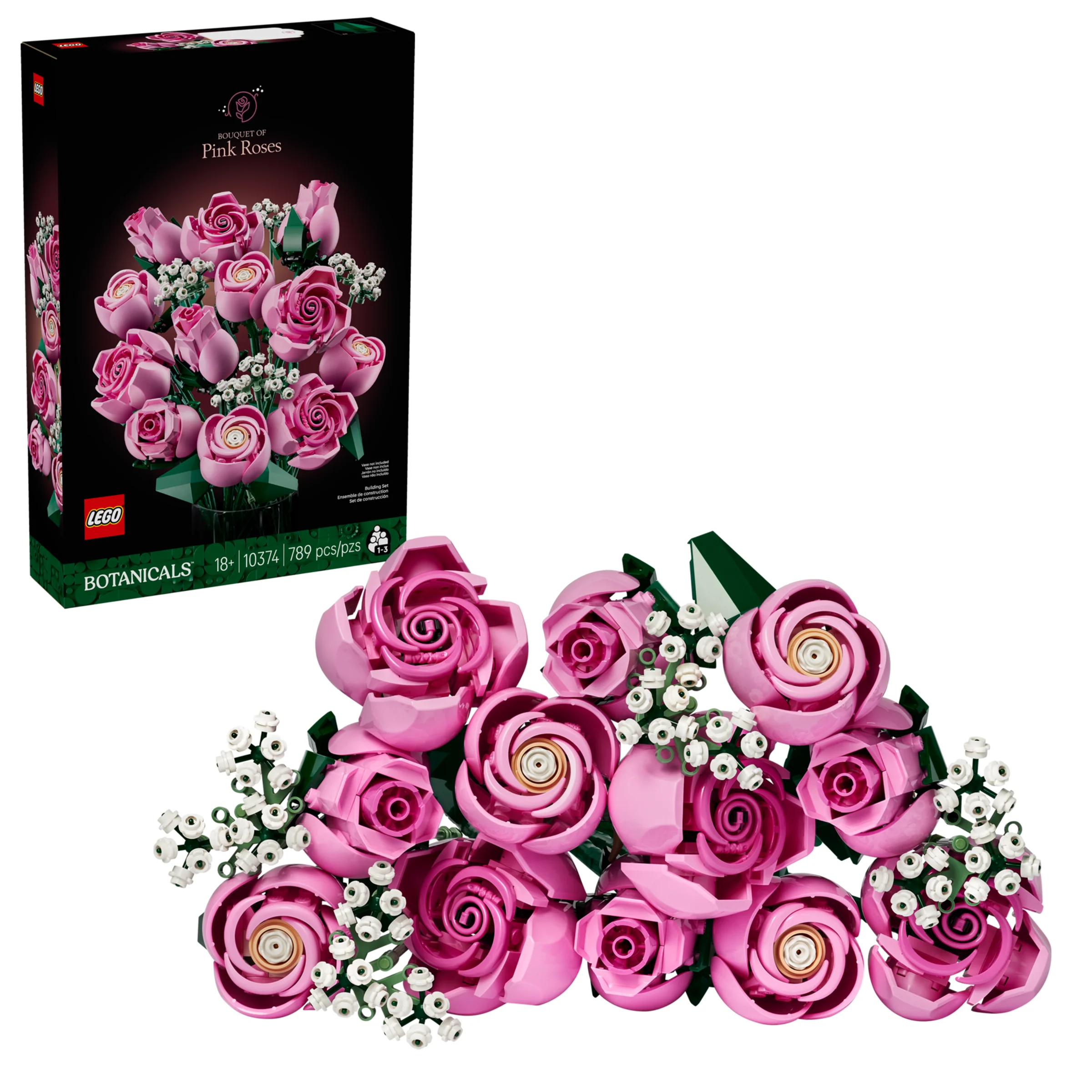 Imagine cu setul LEGO 10374, „Buchet de trandafiri roz” și cutia acestuia. Un cadou perfect.