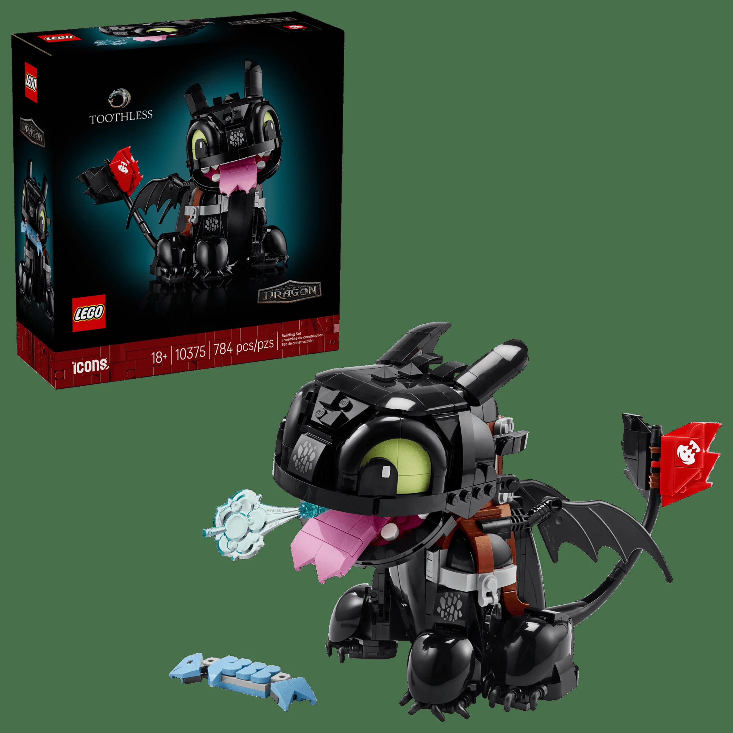 Imagine cu setul LEGO 10375, Toothless. Cutia și modelul finisat sunt vizibile.