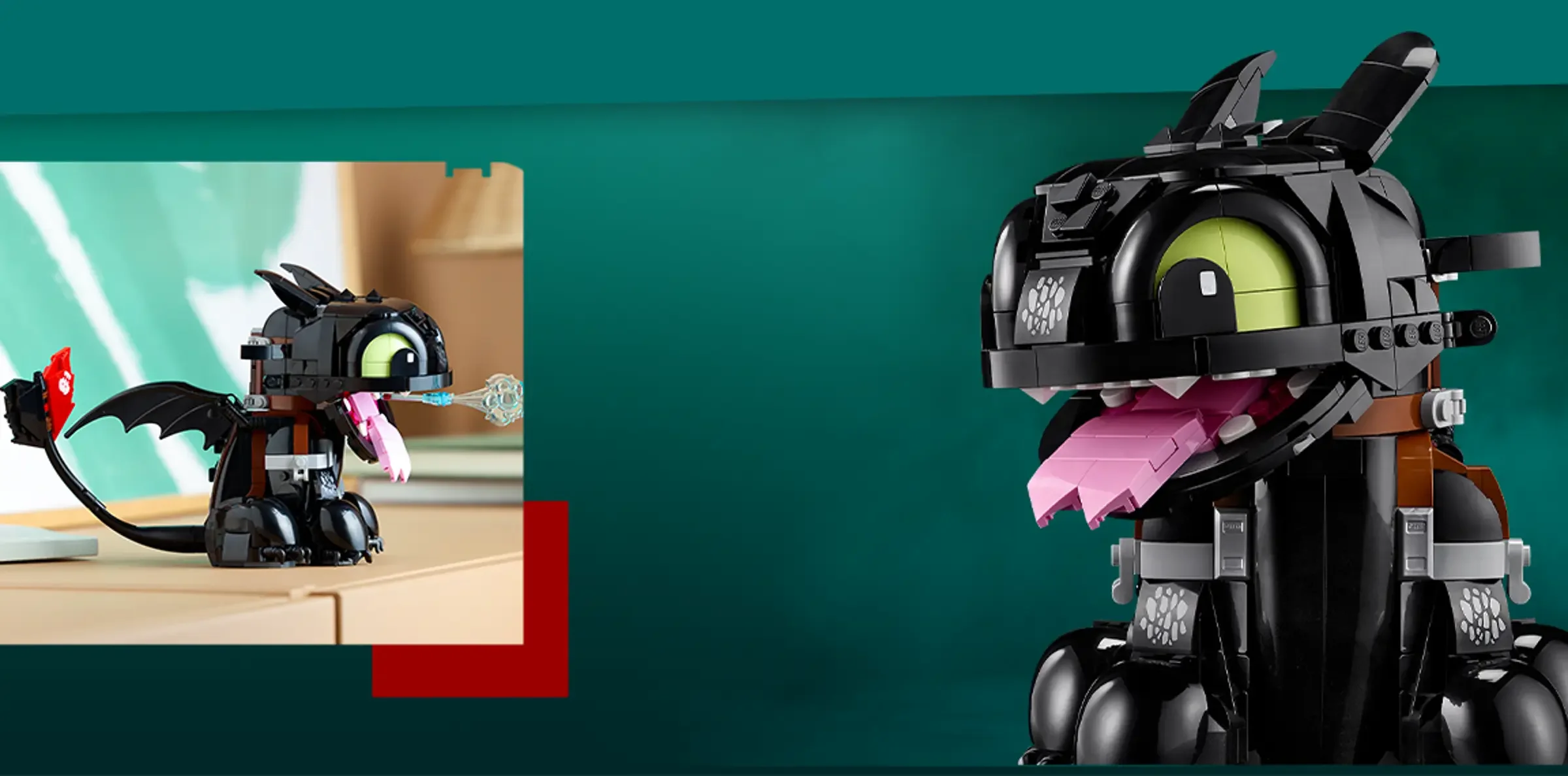 Imagine cu Toothless din LEGO, setul 10375. Detaliu cu limba scoasă și explozie albastră.