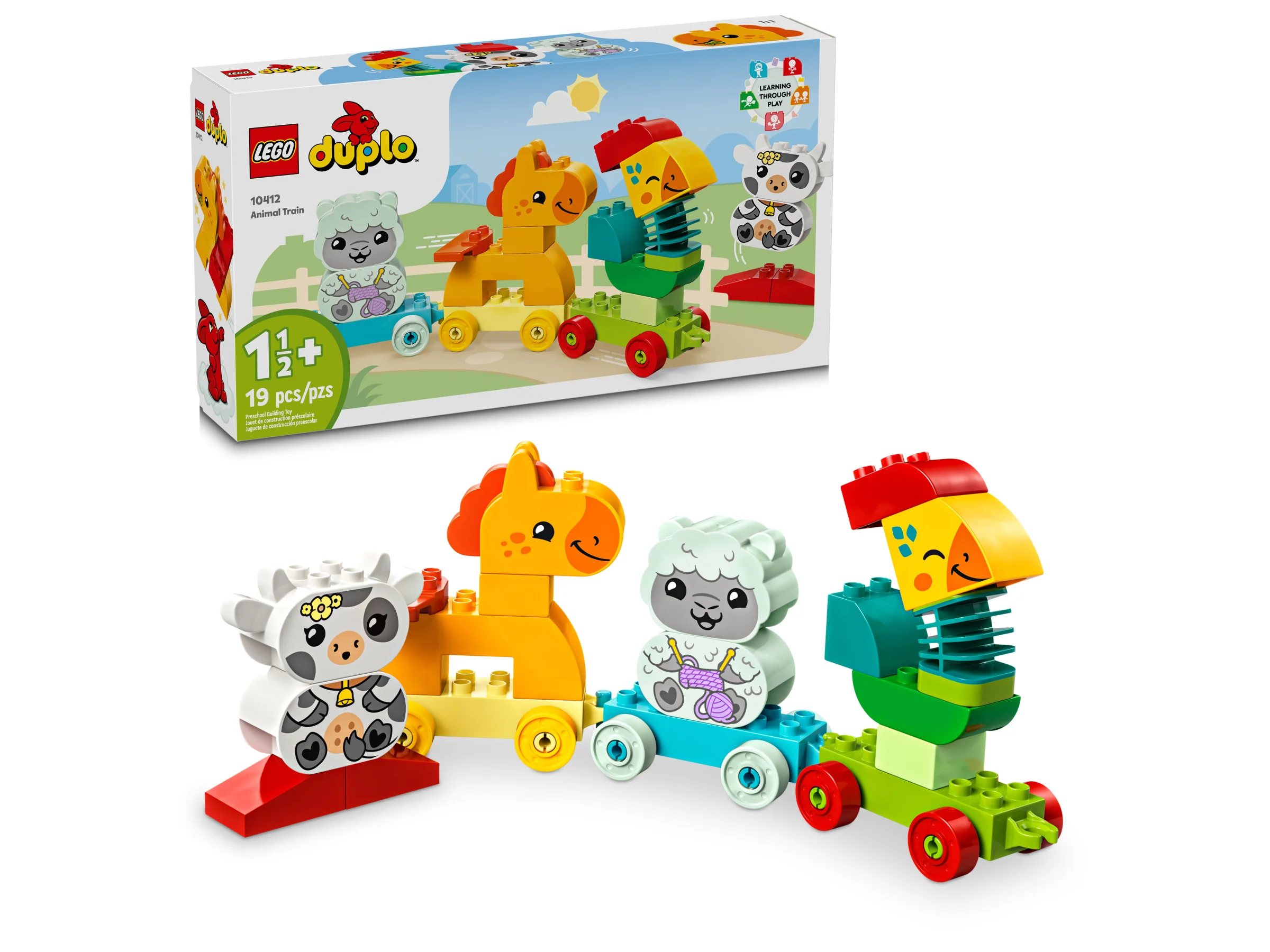 Imagine cu trenul Duplo cu animale, setul 10412, și cutia produsului în fundal.