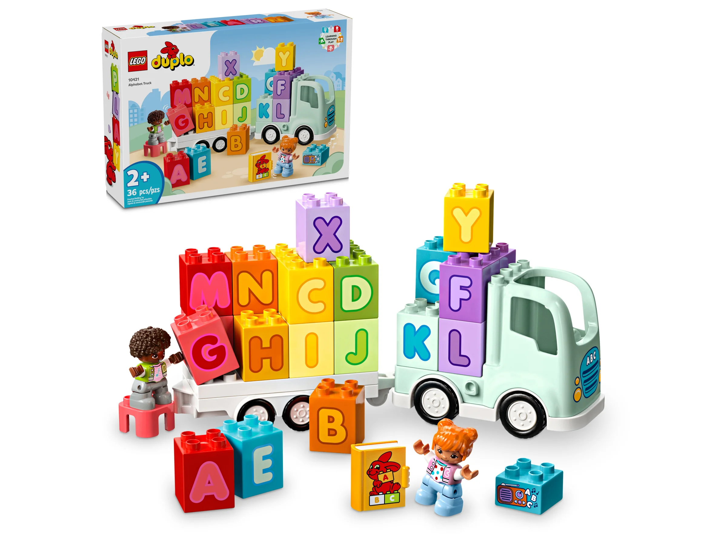 Imagine cu setul Duplo 10421, camionul alfabetic cu minifigurine și cuburi colorate.