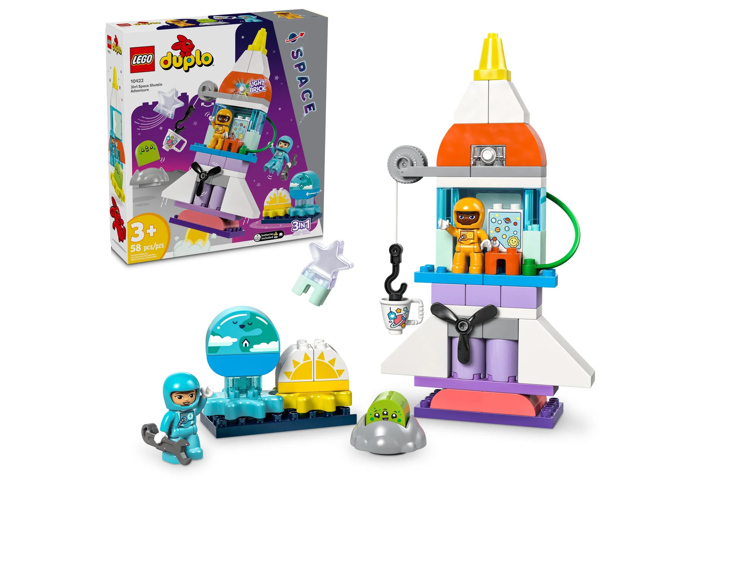 Imagine cu setul LEGO Duplo 10422, Aventură cu naveta spațială 3 în 1, și cutia produsului.