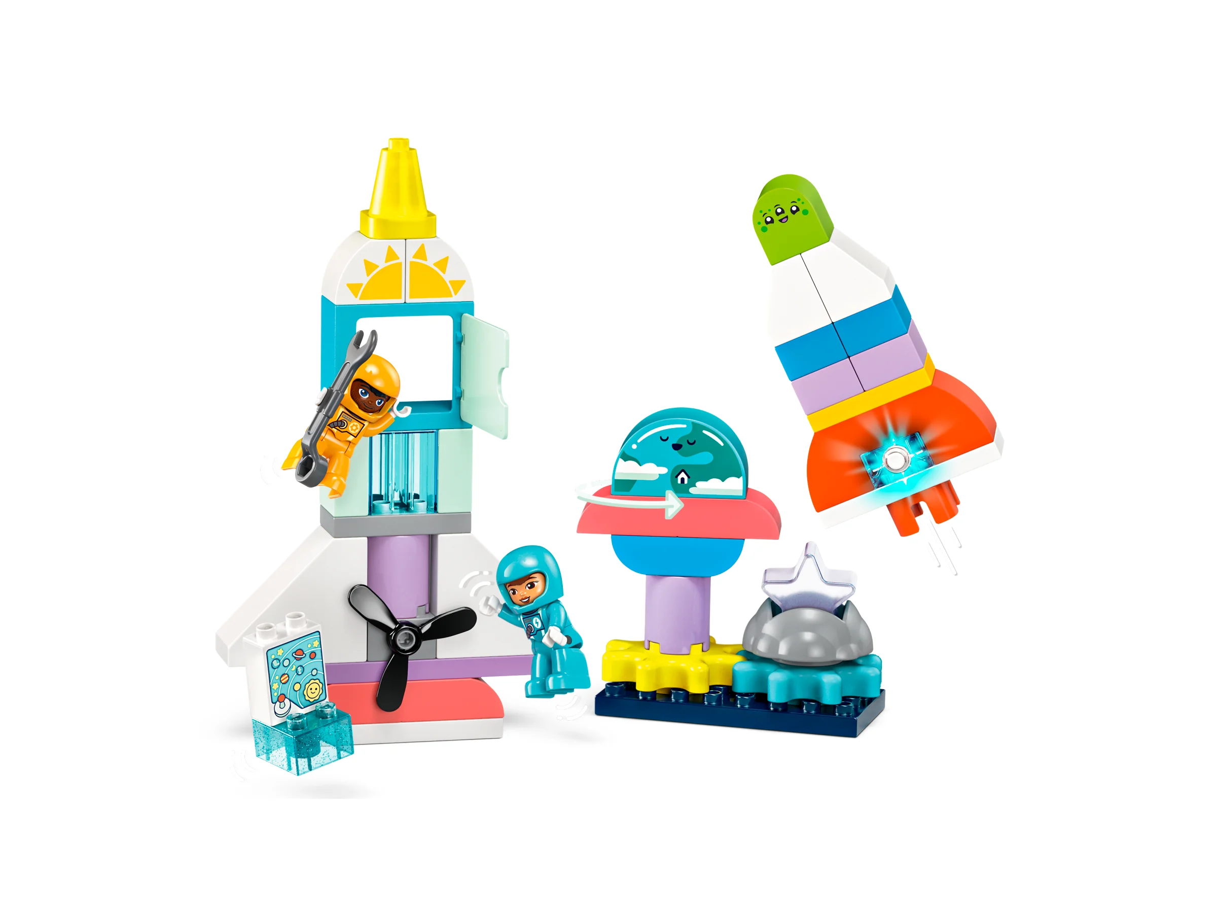 Imagine cu setul LEGO Duplo 10422 Aventura cu naveta spațială 3 în 1. Include minifigurine și modele colorate.