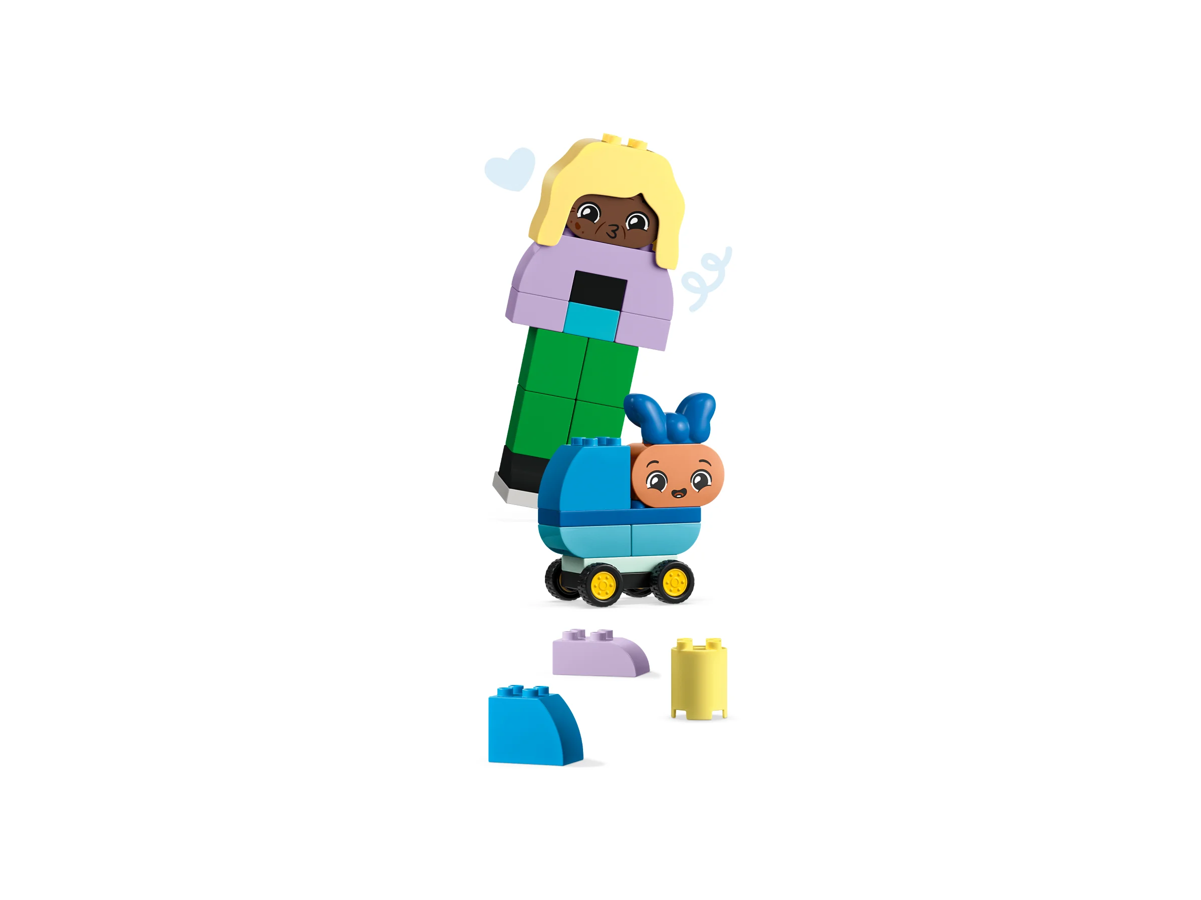 Imagine cu o mămică Duplo și căruciorul copilului, ilustrând jocul imaginativ și rolurile familiale.