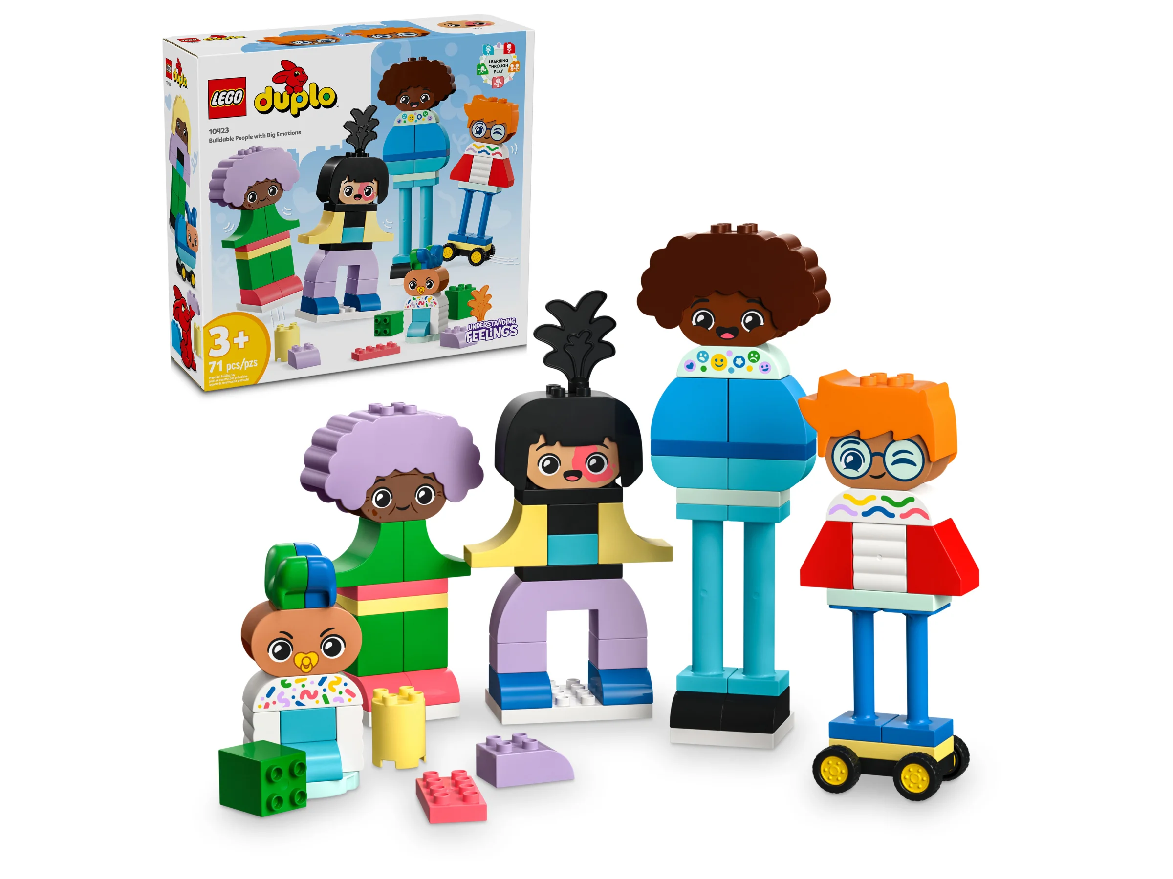 Imagine cu setul LEGO Duplo 10423 „Oameni construibili cu emoții mari”. Include cutia și figurinele construite.