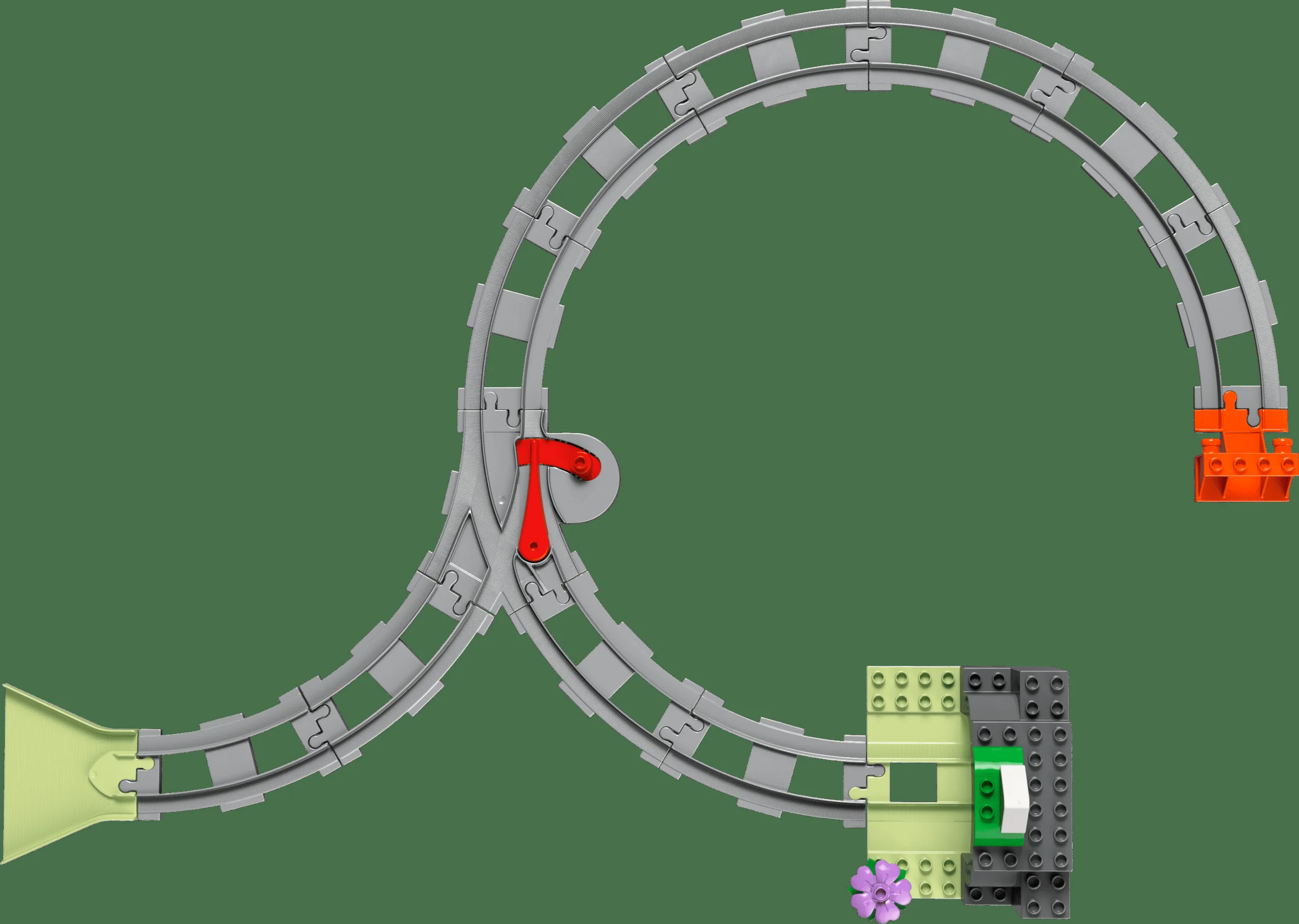 Imagine detaliată cu șinele de tren și tunelul din setul LEGO Duplo 10425. Traseu complet și componente vizibile.