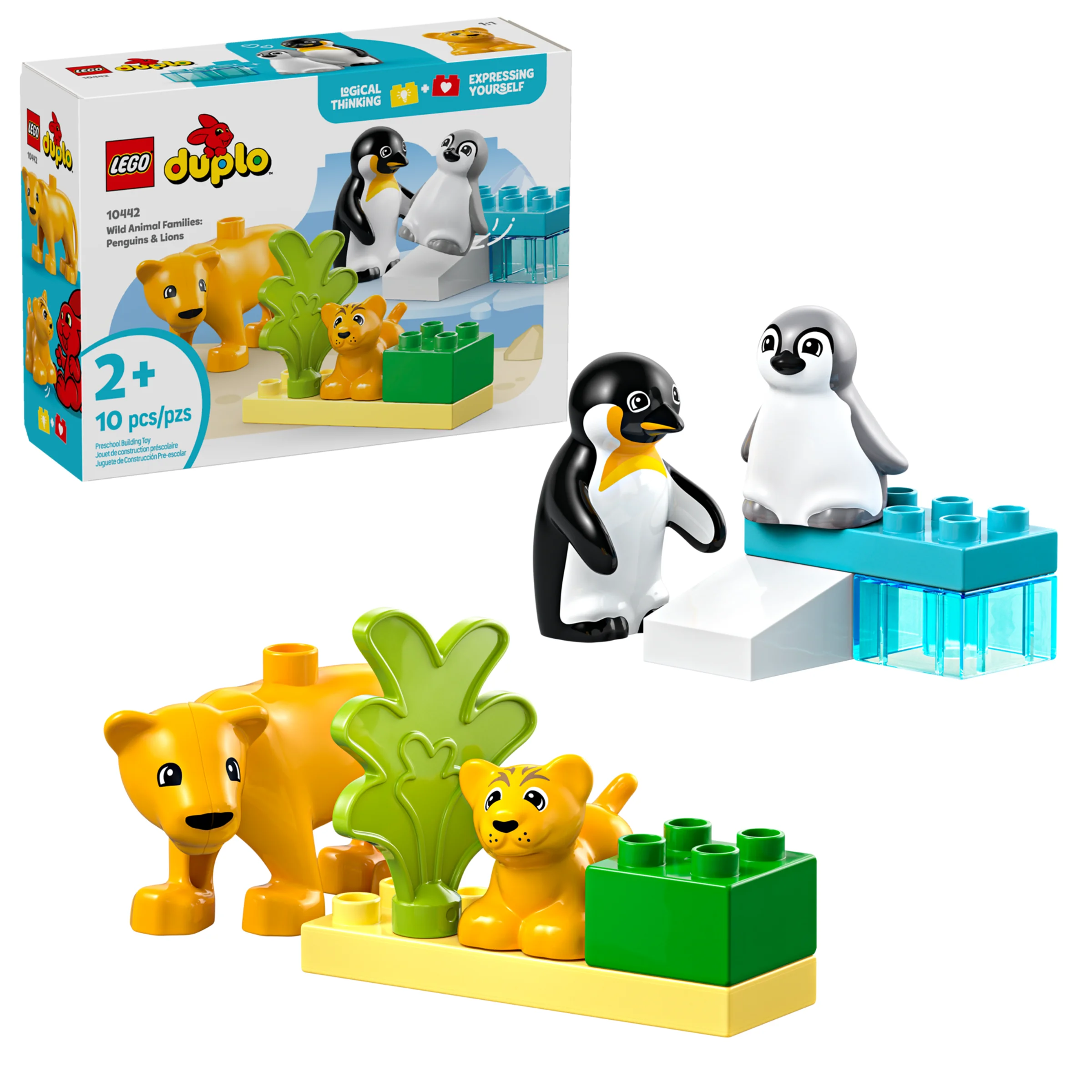 Imagine cu setul LEGO DUPLO 10442, familii de animale sălbatice: pinguini și lei, arătând detaliile.