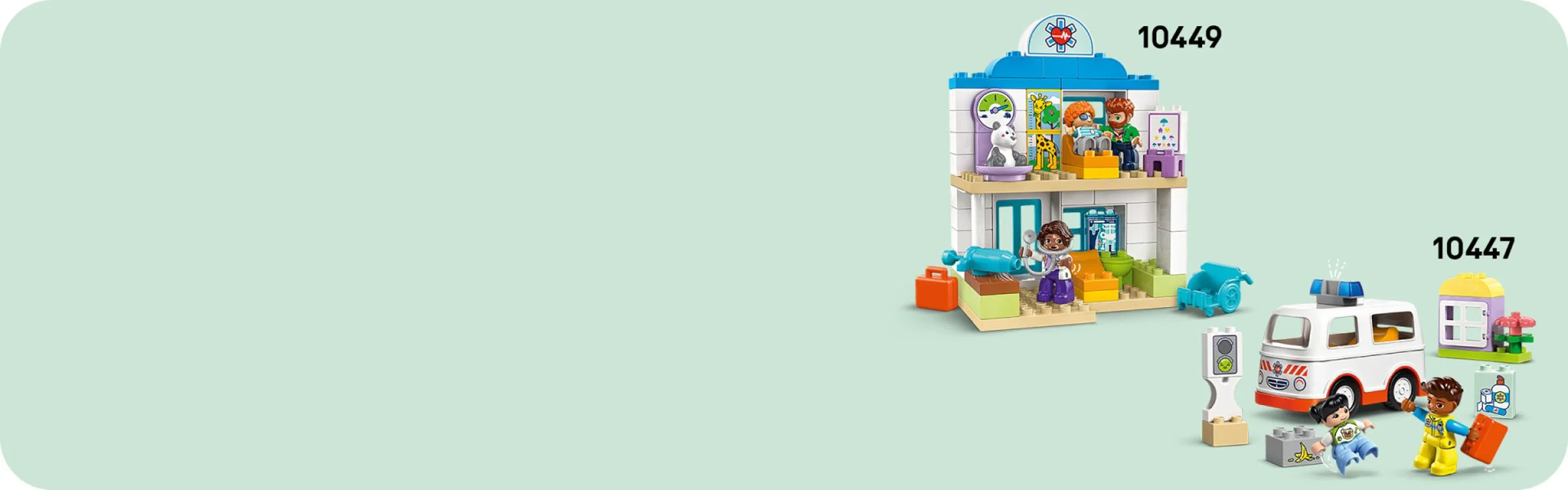 Imagine cu setul Duplo 10443, un spital cu ambulanță și minifigurine. Vesel și colorat, ideal pentru copii mici.