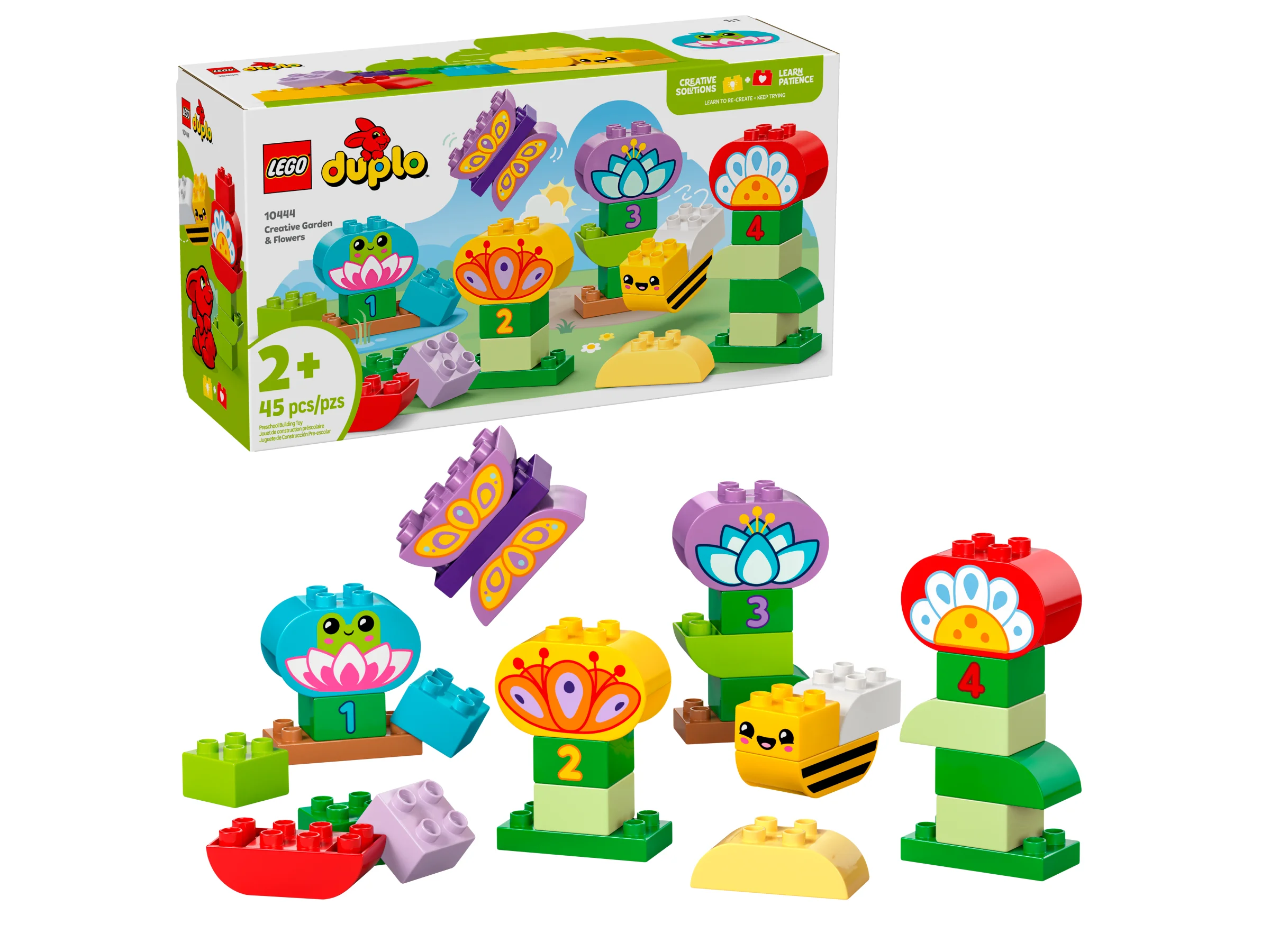 Imagine cu LEGO Duplo 10444 Creative Garden & Flowers, prezentând cutia și modelul construit.