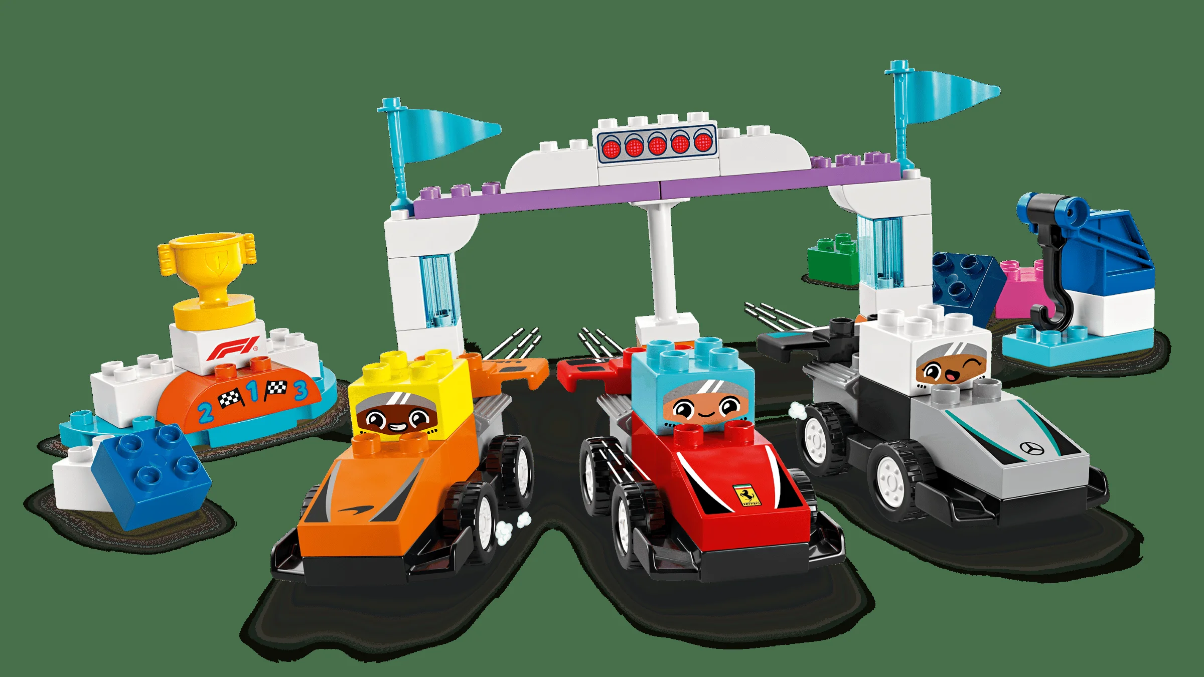 Set LEGO Duplo 10445 cu mașini de curse F1, piloți și linia de sosire. Distracție garantată!