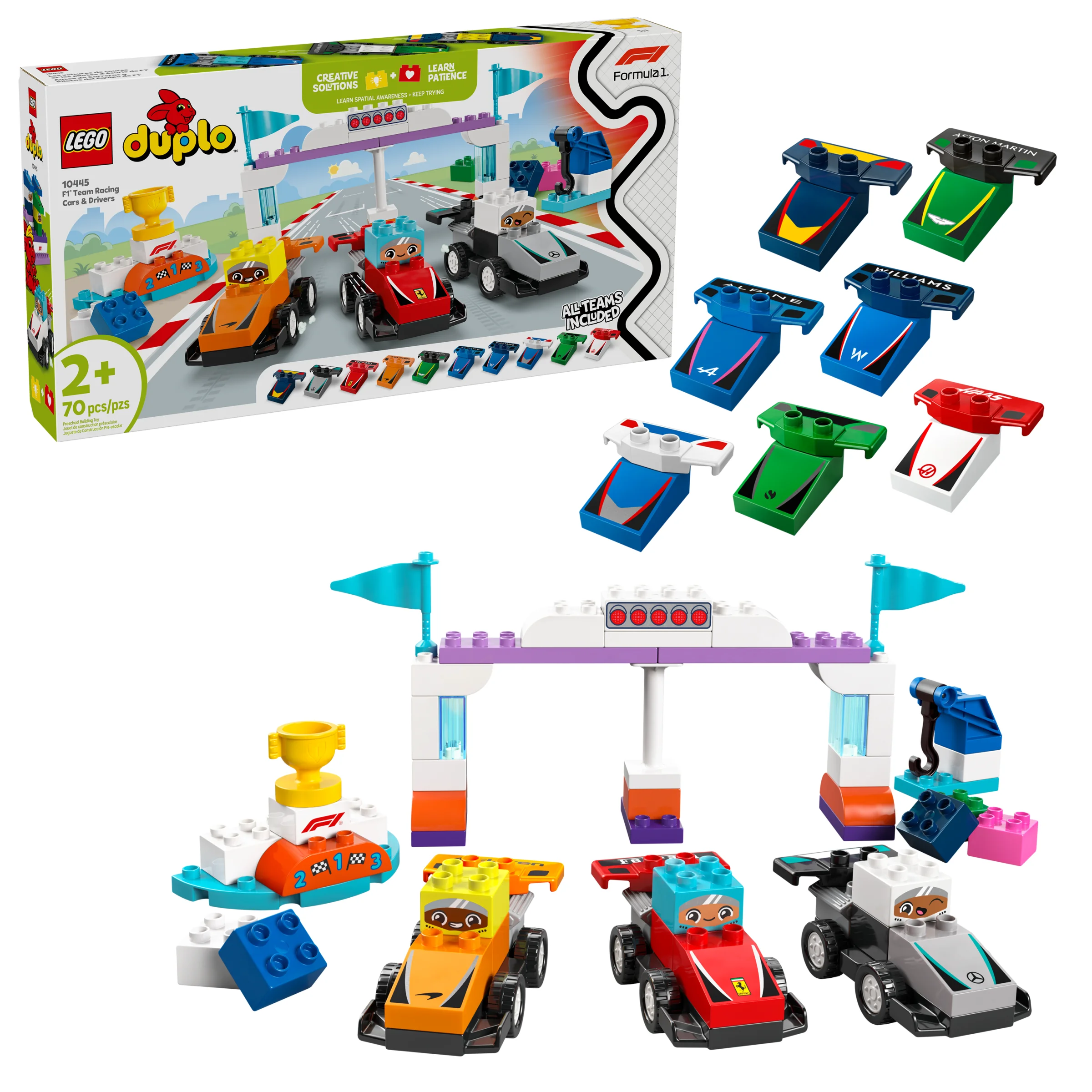 Imagine cu setul LEGO Duplo 10445 ce include mașini de curse și piloți F1. Include cutia, modele construite și piese.