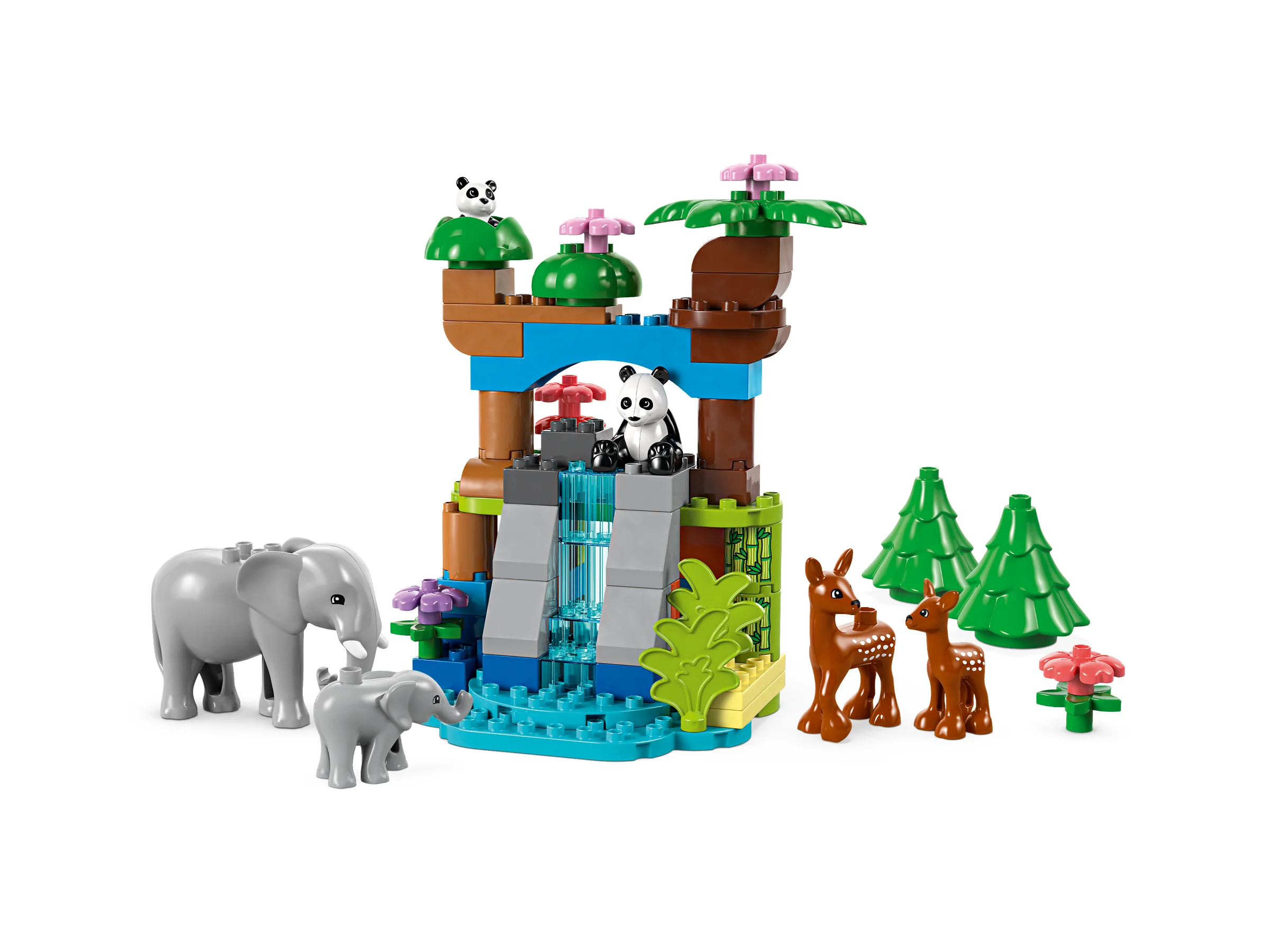 Imaginea prezintă setul LEGO Duplo cu animale sălbatice, cascada și pui de elefant.