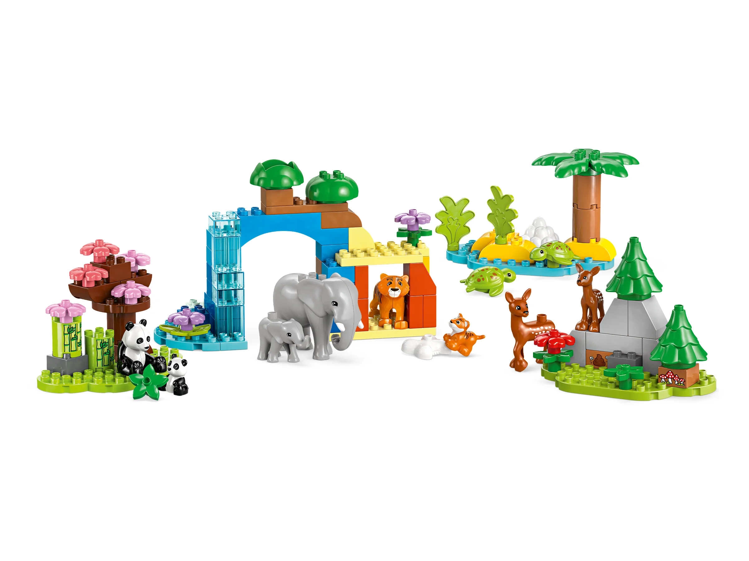 Imagine cu setul LEGO Duplo 10446, familii de animale sălbatice: elefanți, panda, tigri, căprioare și țestoase.
