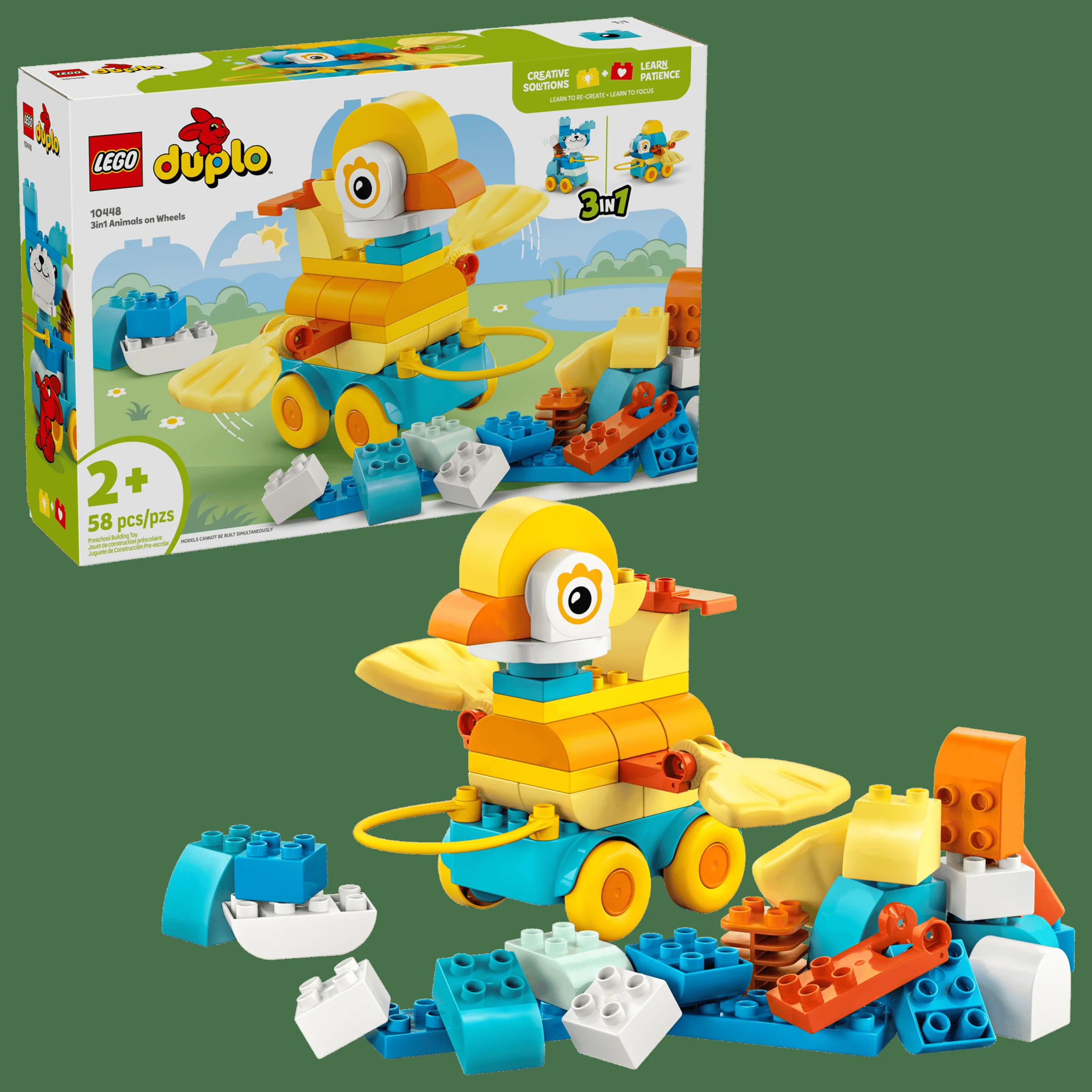Imagine cu produsul LEGO Duplo 10448 Animale pe roți 3 în 1, cu o rață și cutia.