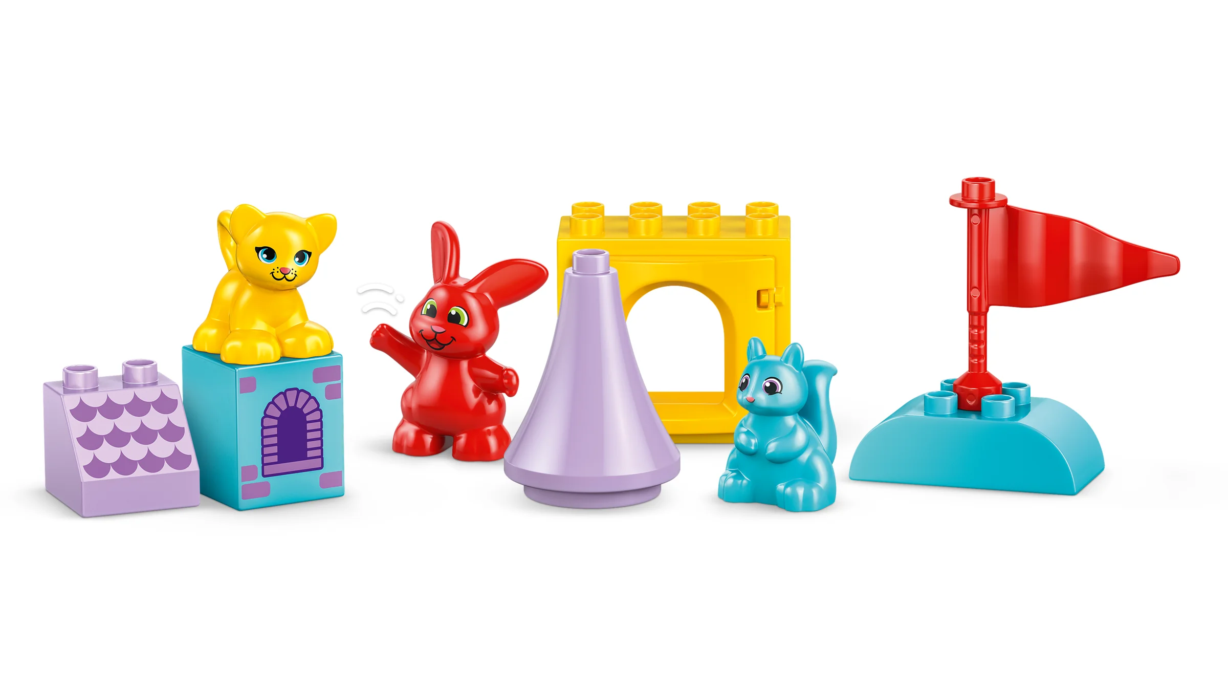 Imagine cu elemente din jocul LEGO Duplo Castelul lui Hopsy. Include animale și piese colorate.