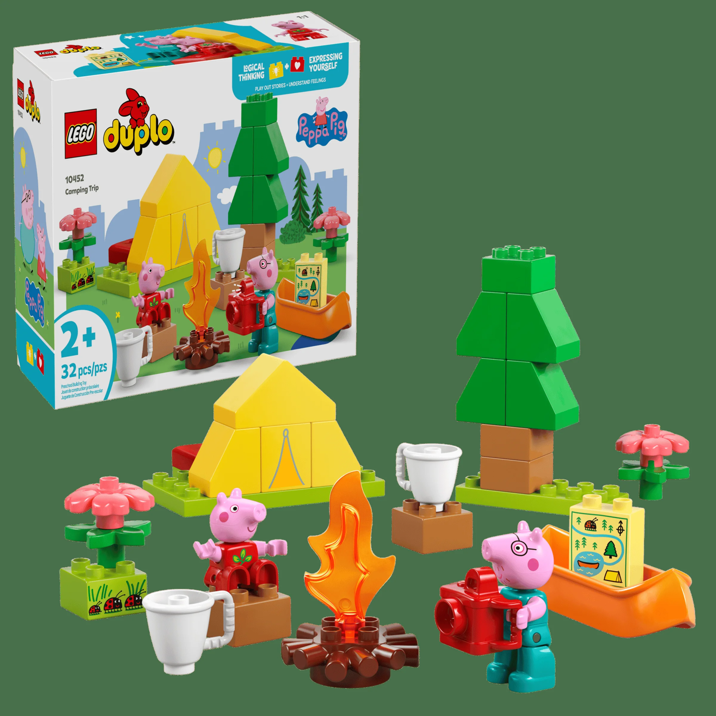 Setul LEGO Duplo 10452, „Camping Trip”, prezintă o scenă de camping cu figurinele Peppa Pig.