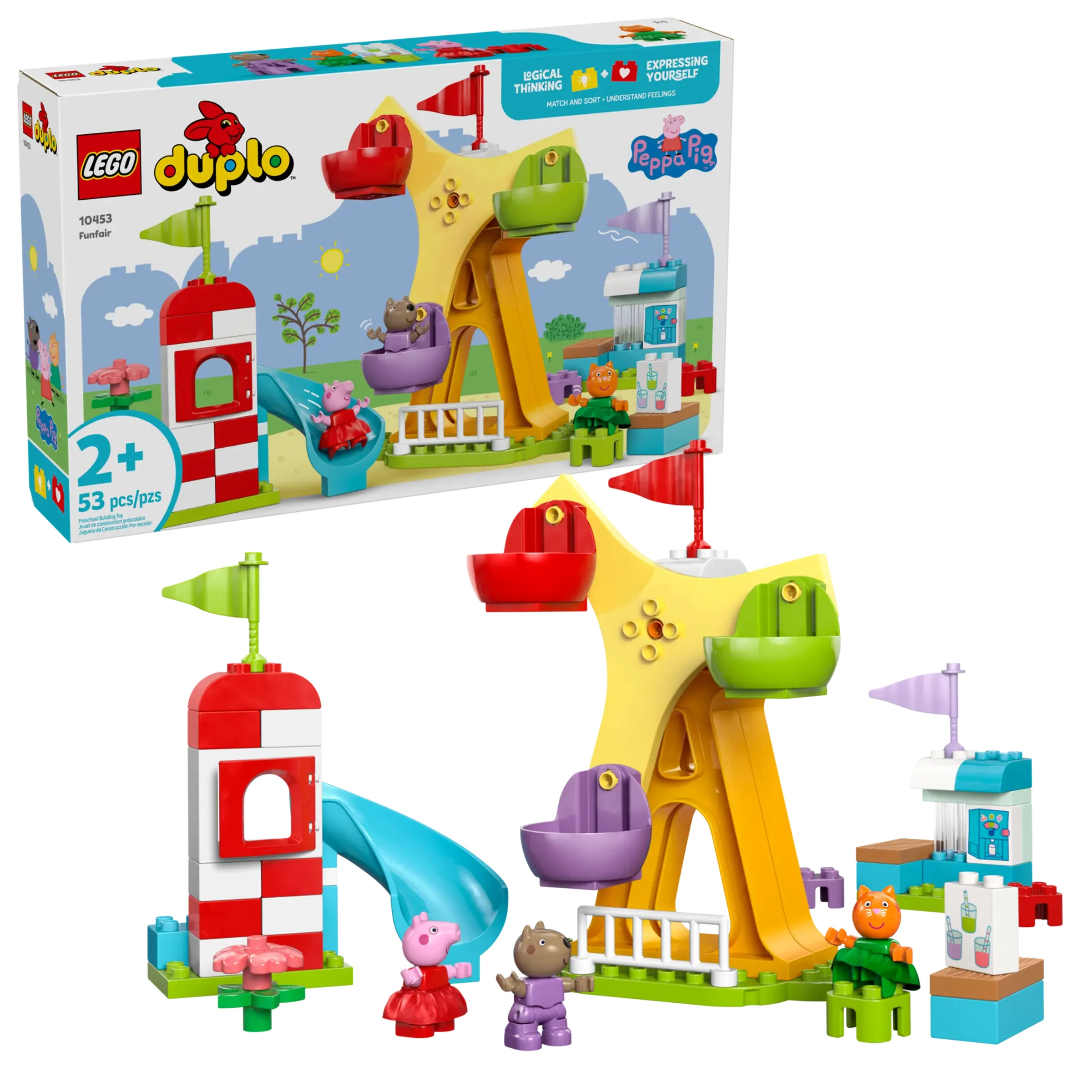 Imagine cu setul LEGO Duplo 10453 Bâlci distractiv, cu Peppa Pig și prietenii, ideal pentru copiii de 2+ ani.